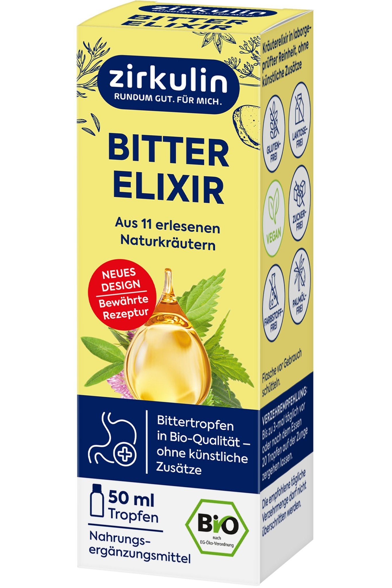 Schräge Ansicht der Zirkulin Bitter Elixir Bio Verpackung mit Vorderseite und Seiteninformationen wie Verzehrempfehlung.