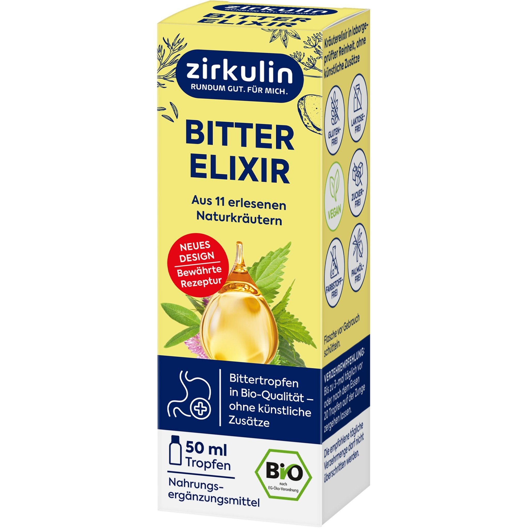 Schräge Ansicht der Zirkulin Bitter Elixir Bio Verpackung mit Vorderseite und Seiteninformationen wie Verzehrempfehlung.