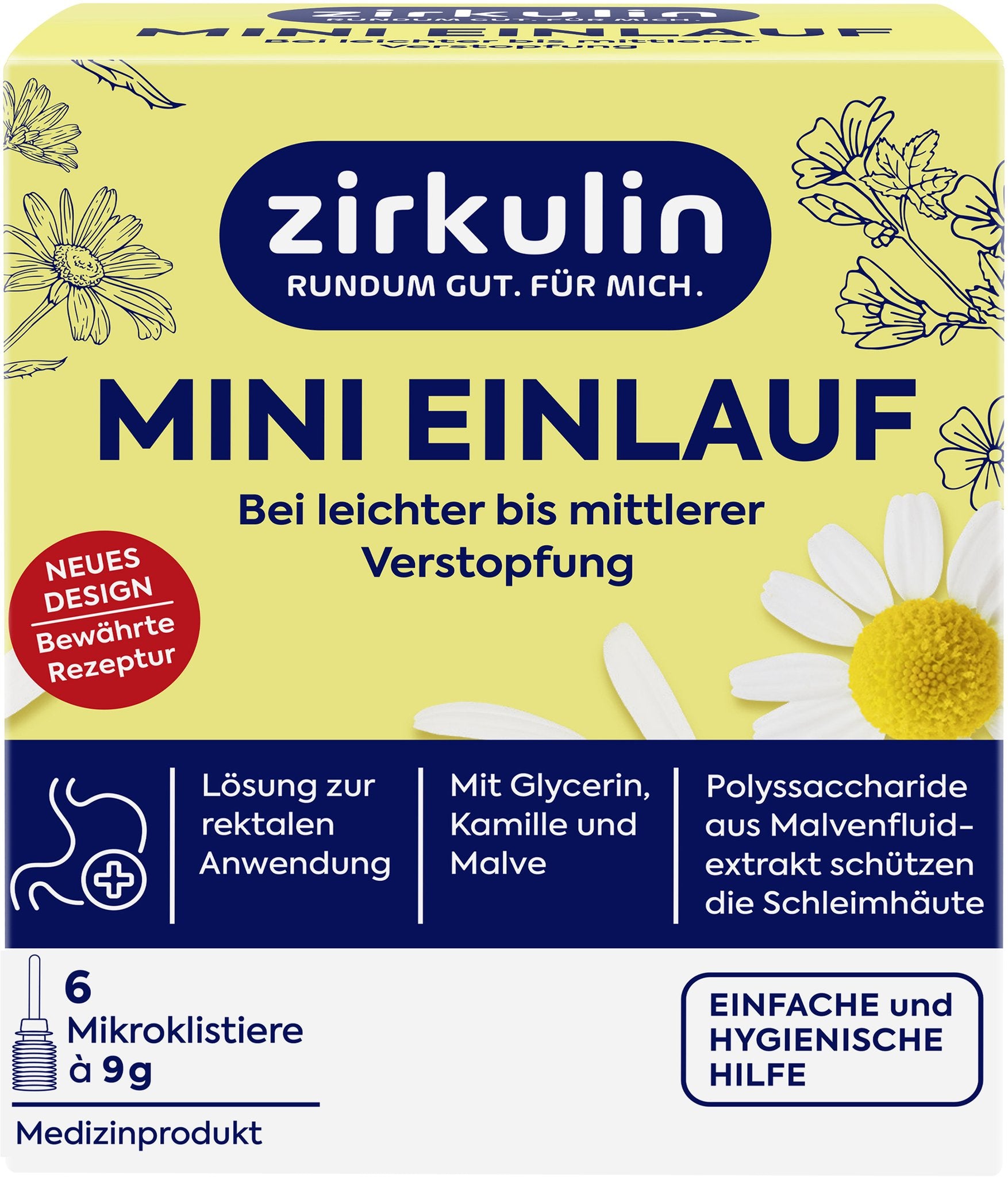 Vorderseite der gelben Zirkulin Mini Einlauf Verpackung mit Produktnamen, Logo und Kamillenblüten.