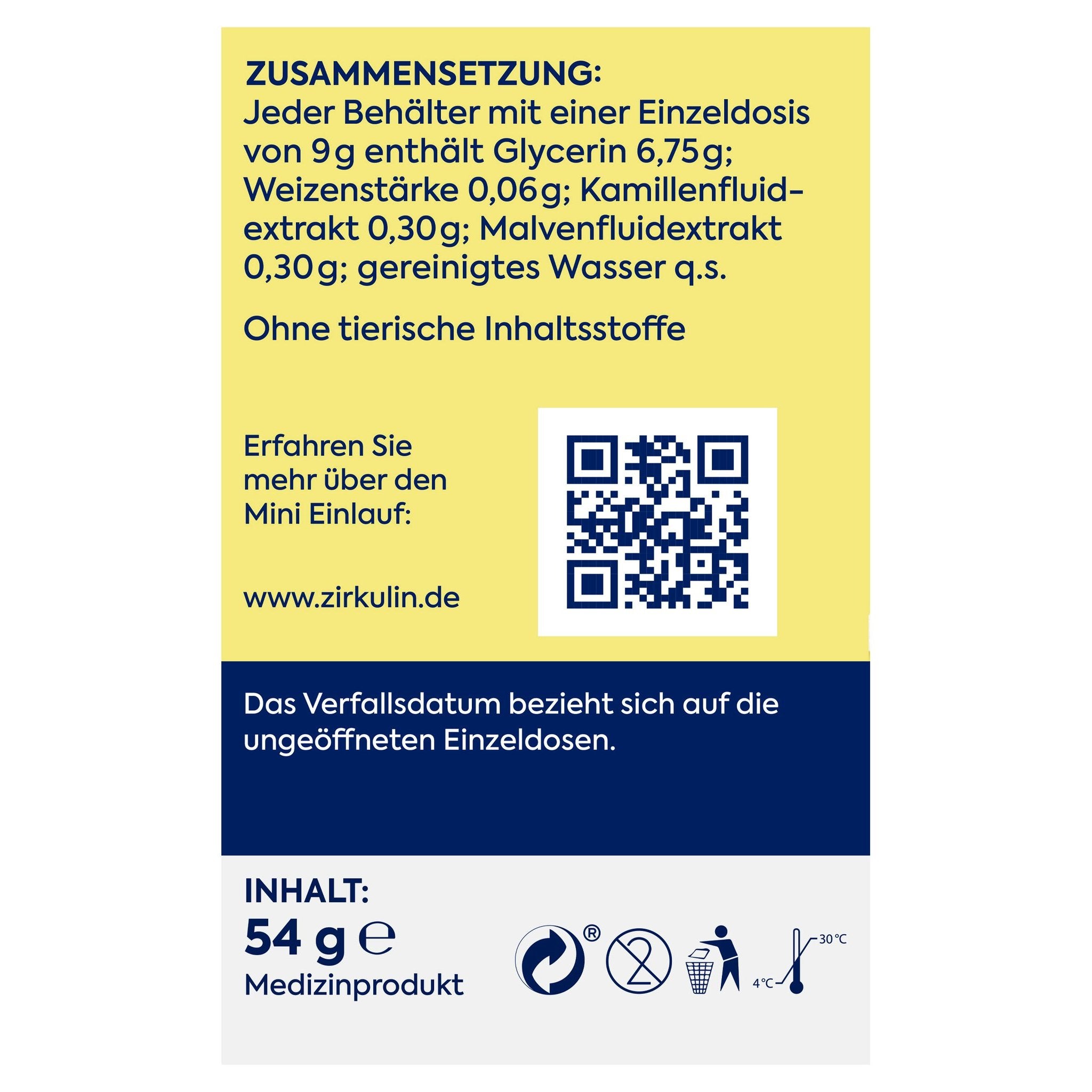Rückseite der Zirkulin Mini Einlauf Verpackung mit Zusammensetzung, Inhaltsstoffen und QR-Code.