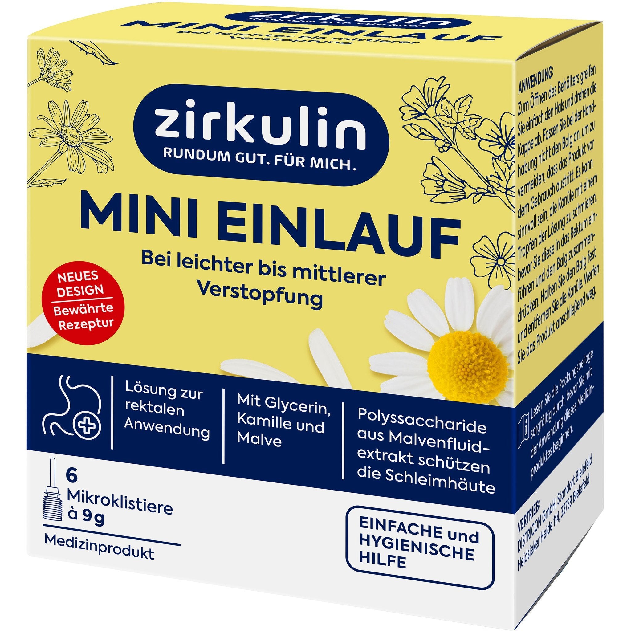 Schrägansicht der Zirkulin Mini Einlauf Verpackung mit Produktnamen, Logo und Kamillenblüten.