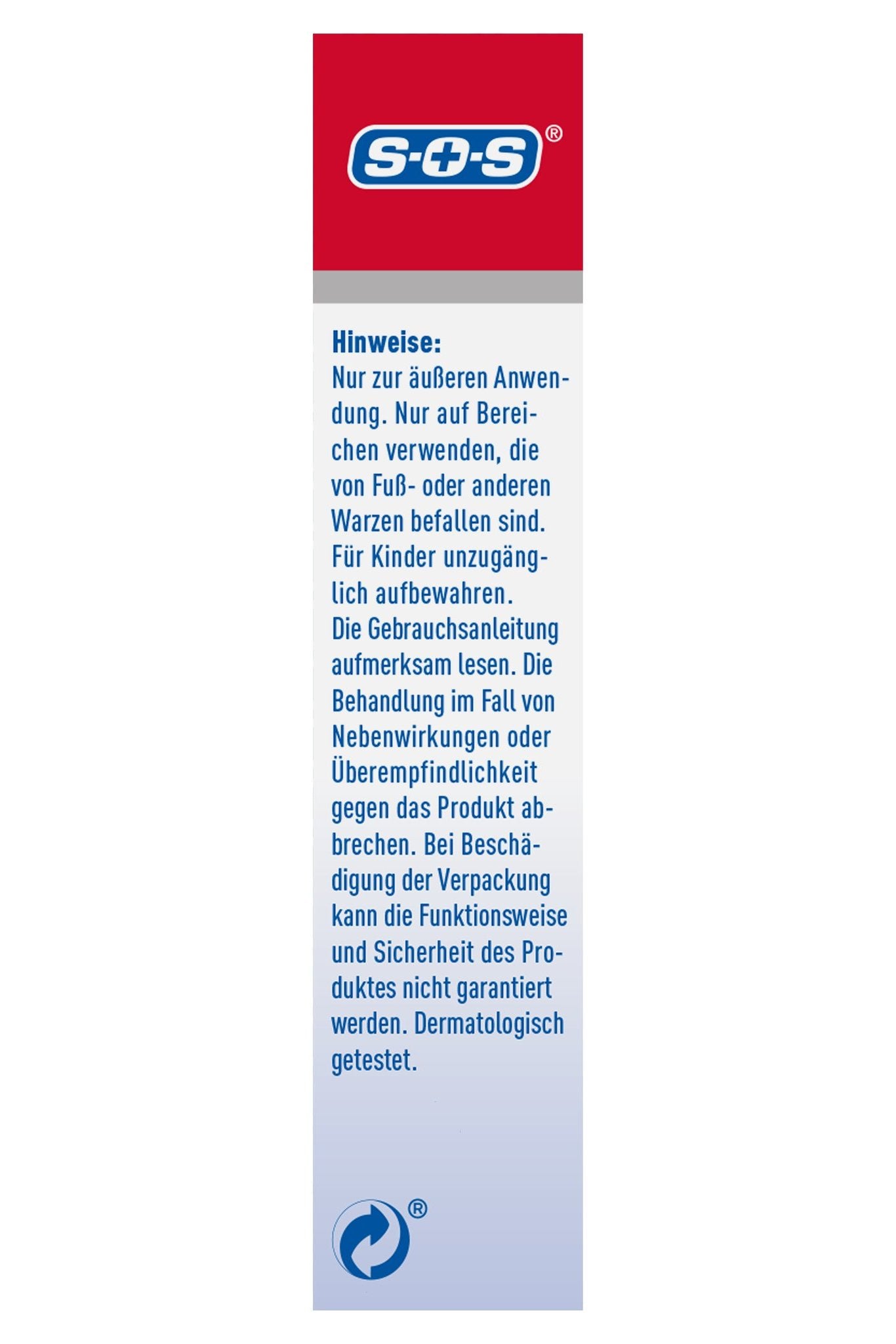 Seitenansicht der Verpackung mit SOS Logo, Hinweisen zur Anwendung und einem Recyclingsymbol.