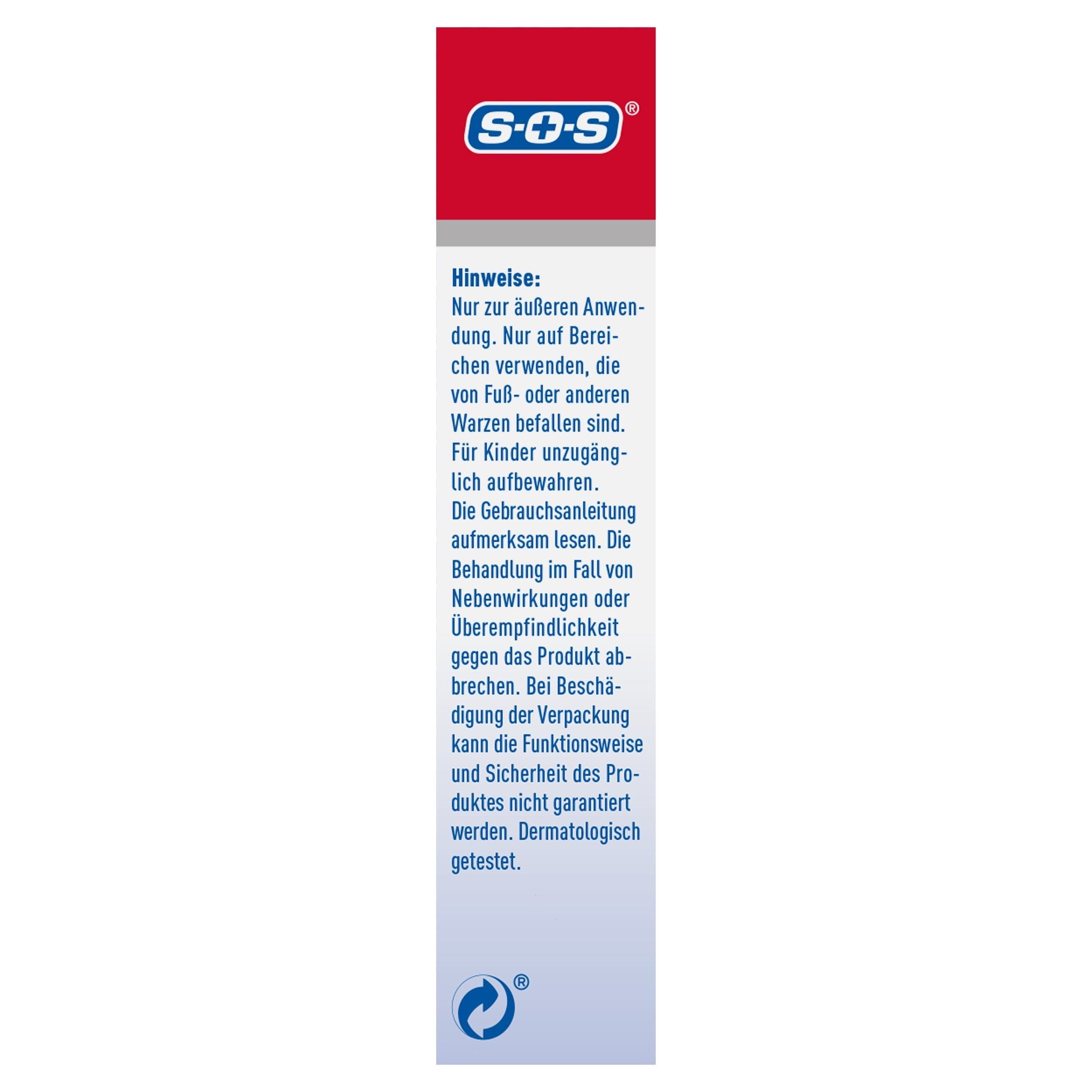 Seitenansicht der Verpackung mit SOS Logo, Hinweisen zur Anwendung und einem Recyclingsymbol.