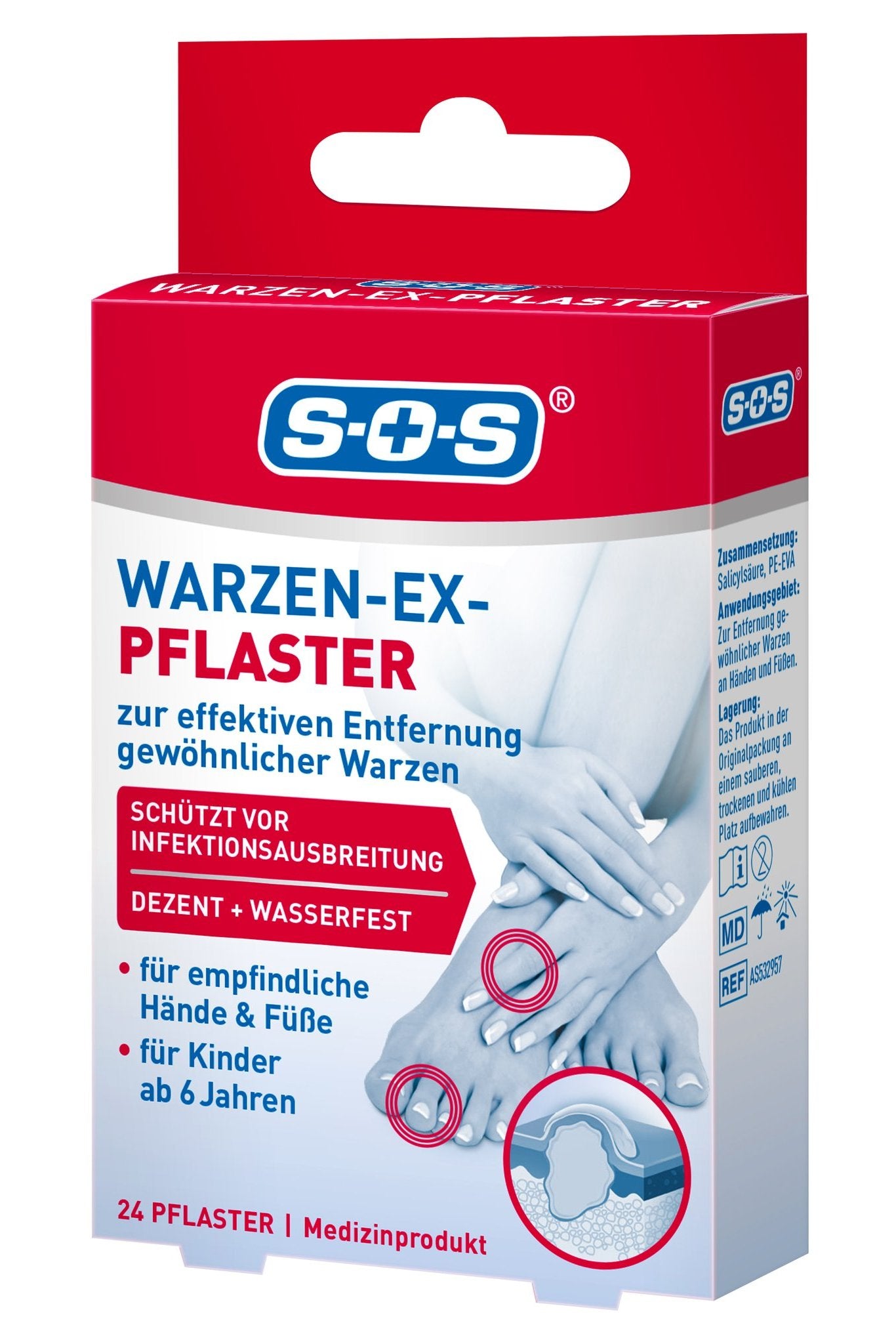 Schräge Ansicht der roten und weißen Verpackung von SOS Warzen-Ex Pflaster mit Händen, Füßen und Seitenpanel.