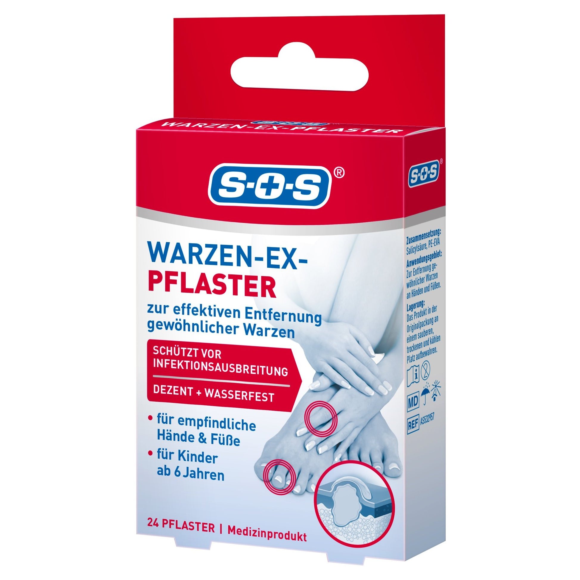 Schräge Ansicht der roten und weißen Verpackung von SOS Warzen-Ex Pflaster mit Händen, Füßen und Seitenpanel.