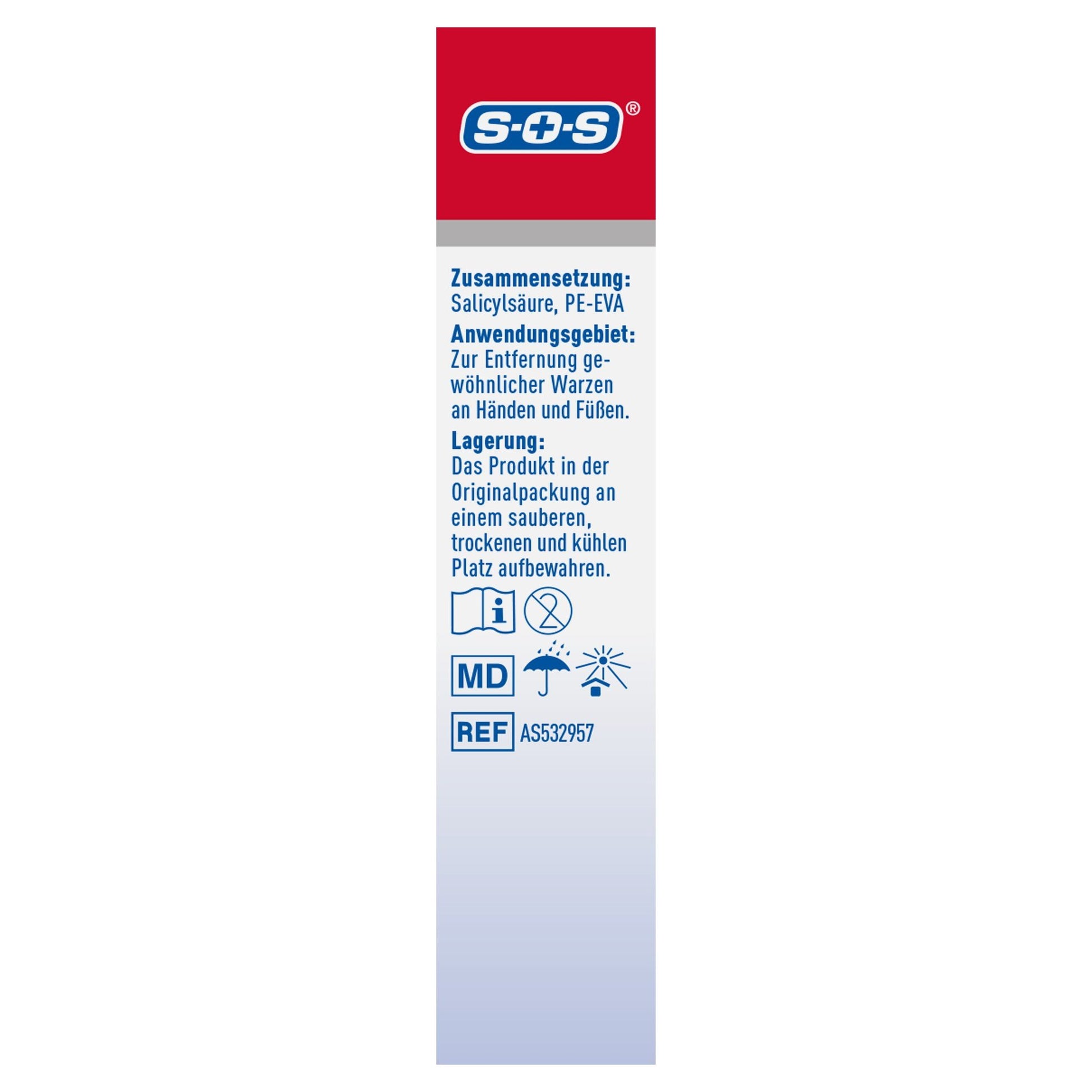 Seitenansicht der Verpackung mit SOS Logo, Zusammensetzung, Anwendungsgebiet, Lagerung und Symbolen.