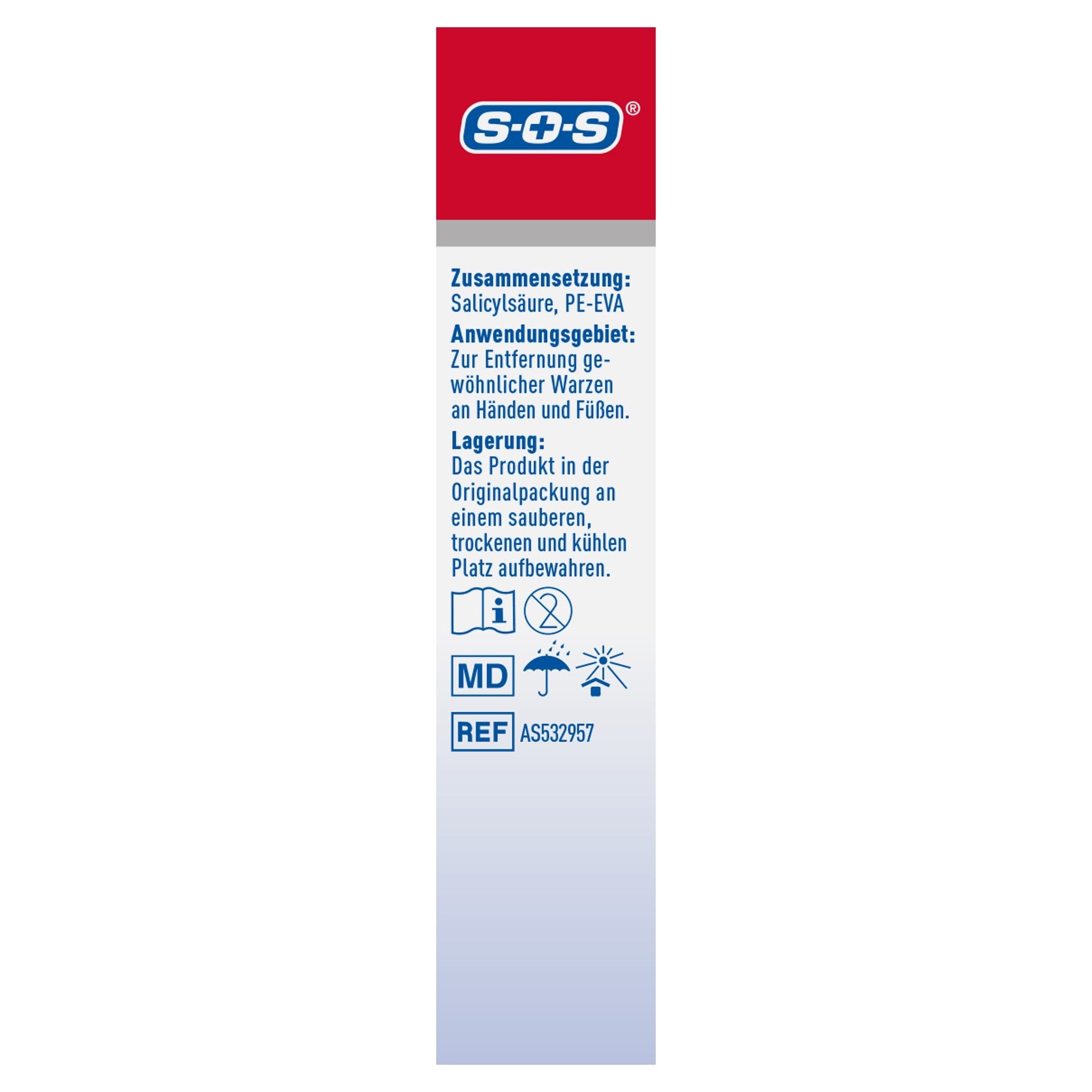 Seitenansicht der Verpackung mit SOS Logo, Zusammensetzung, Anwendungsgebiet, Lagerung und Symbolen.