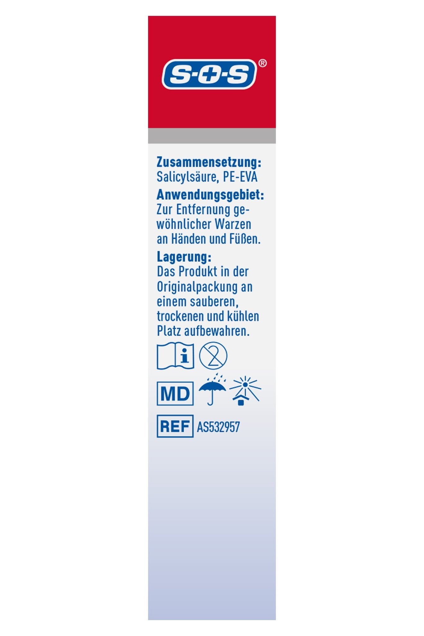 Seitenansicht der Verpackung mit SOS Logo, Zusammensetzung, Anwendungsgebiet, Lagerung und Symbolen.
