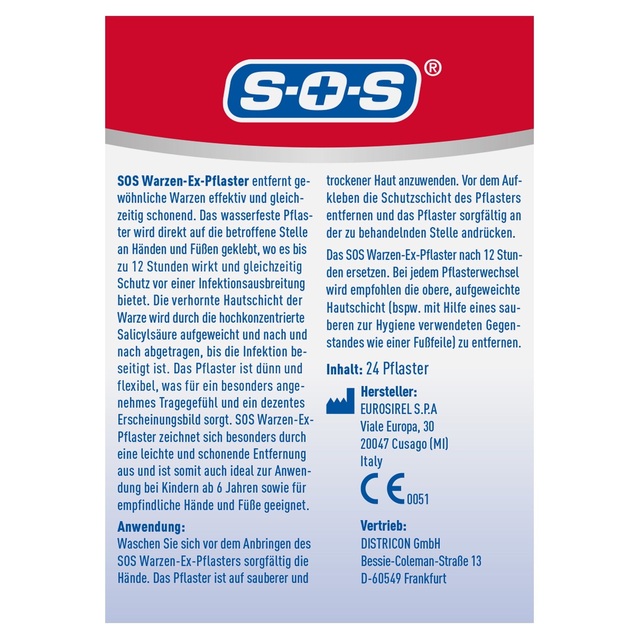 Rückseite der Verpackung mit SOS Logo, detaillierter Produktbeschreibung, Anwendung, Hersteller und CE-Kennzeichnung.
