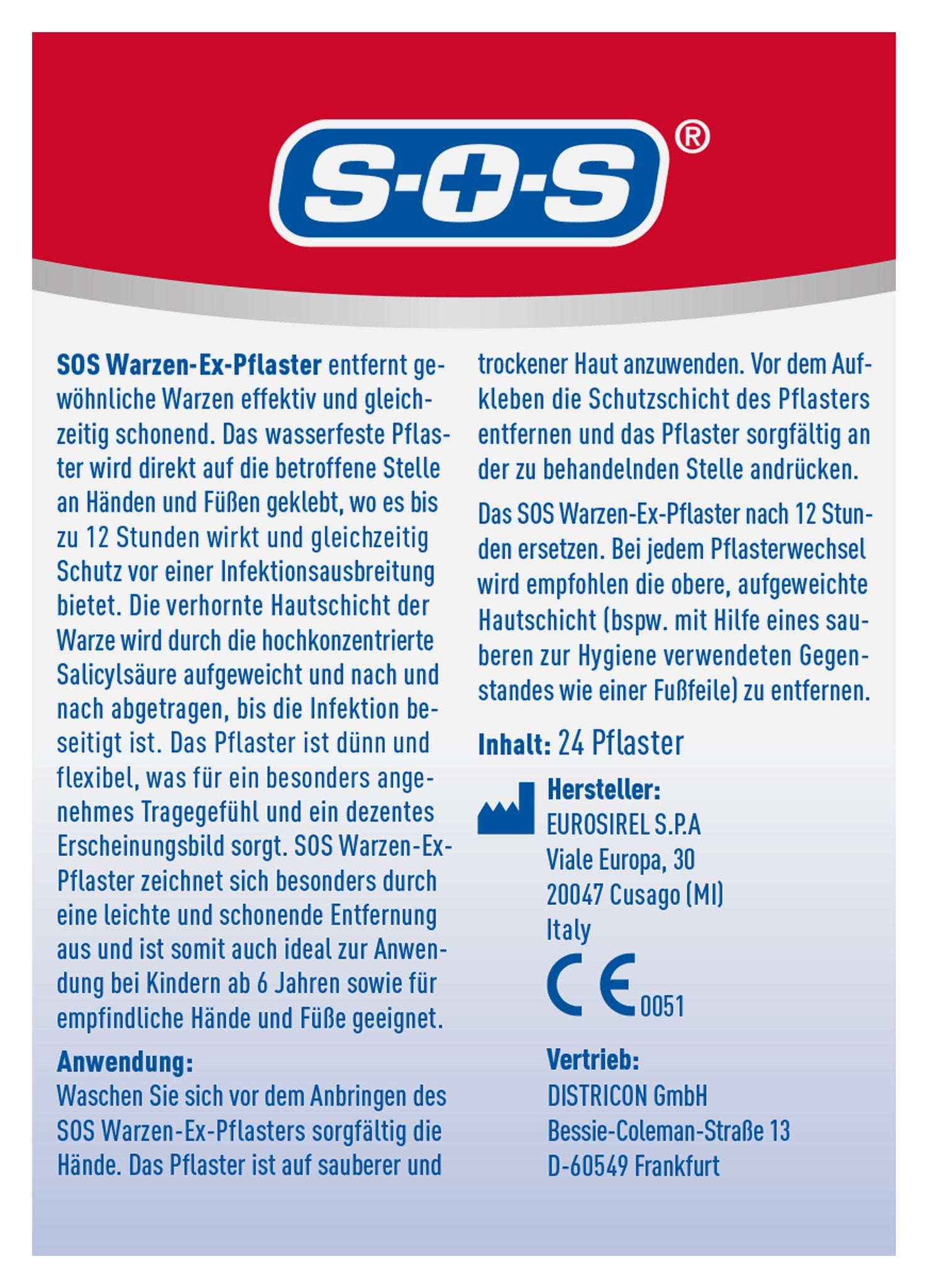 Rückseite der Verpackung mit SOS Logo, detaillierter Produktbeschreibung, Anwendung, Hersteller und CE-Kennzeichnung.