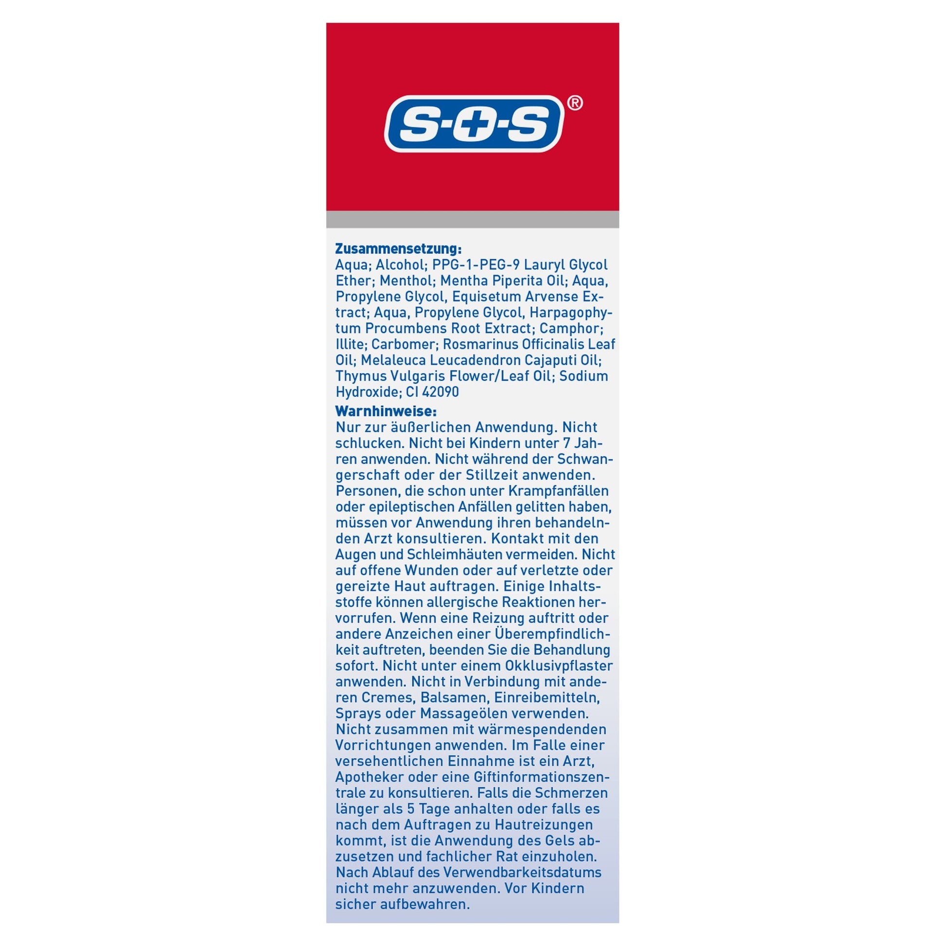 Rückseite der SOS Schmerz-Stopp-Gel Verpackung mit detaillierter Zusammensetzung und Warnhinweisen.