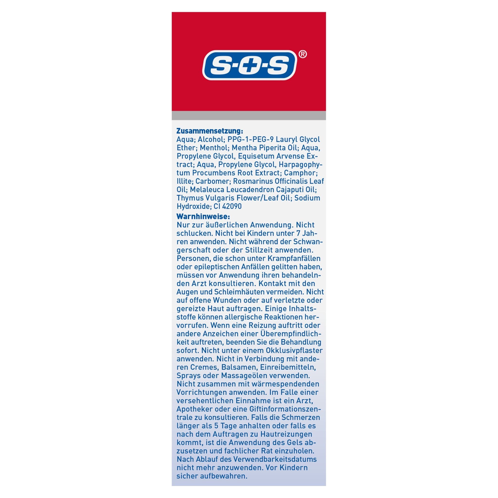 Rückseite der SOS Schmerz-Stopp-Gel Verpackung mit detaillierter Zusammensetzung und Warnhinweisen.