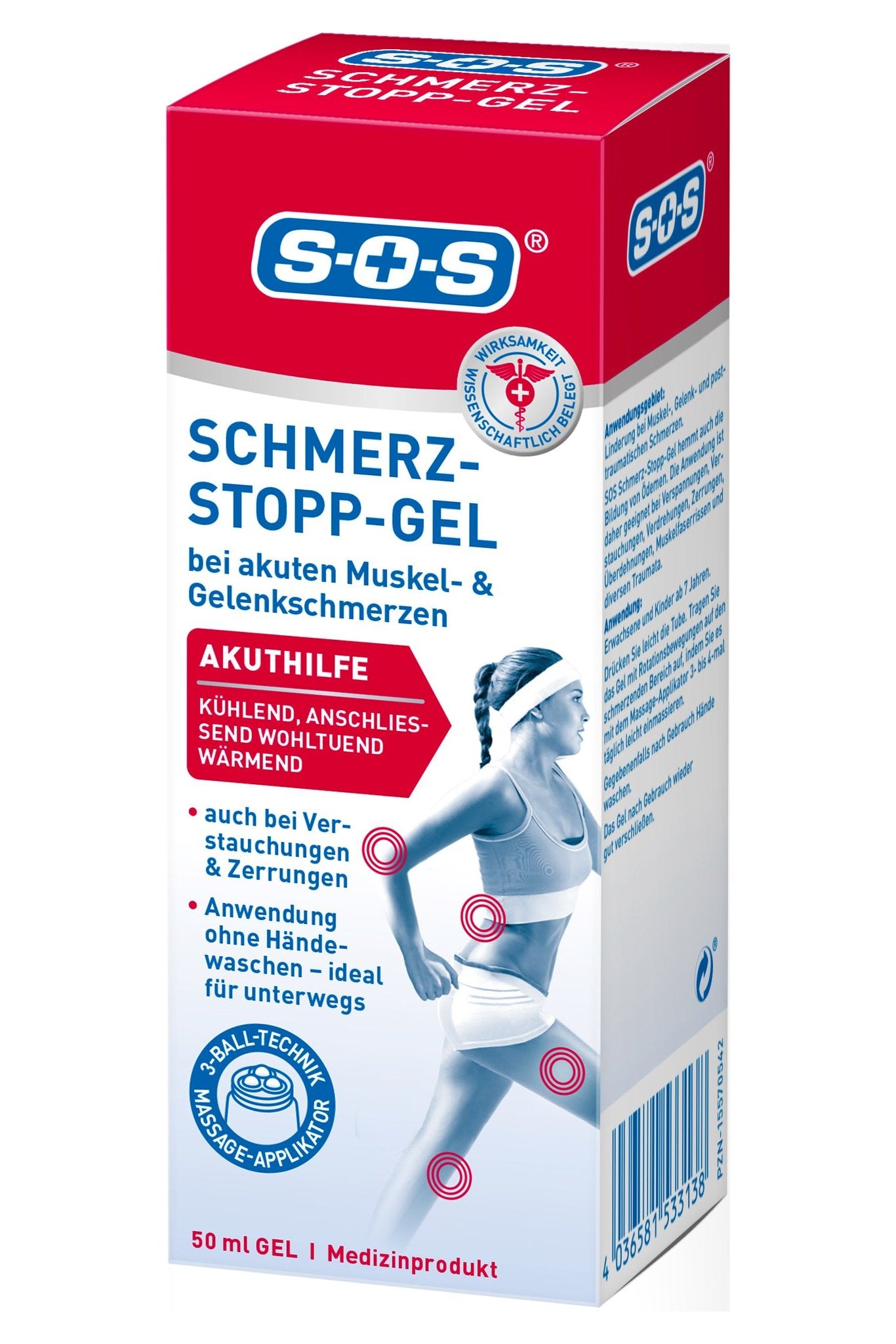Schrägansicht der SOS Schmerz-Stopp-Gel Verpackung mit Vorderseite, Anwendungsgebiet und Barcode.