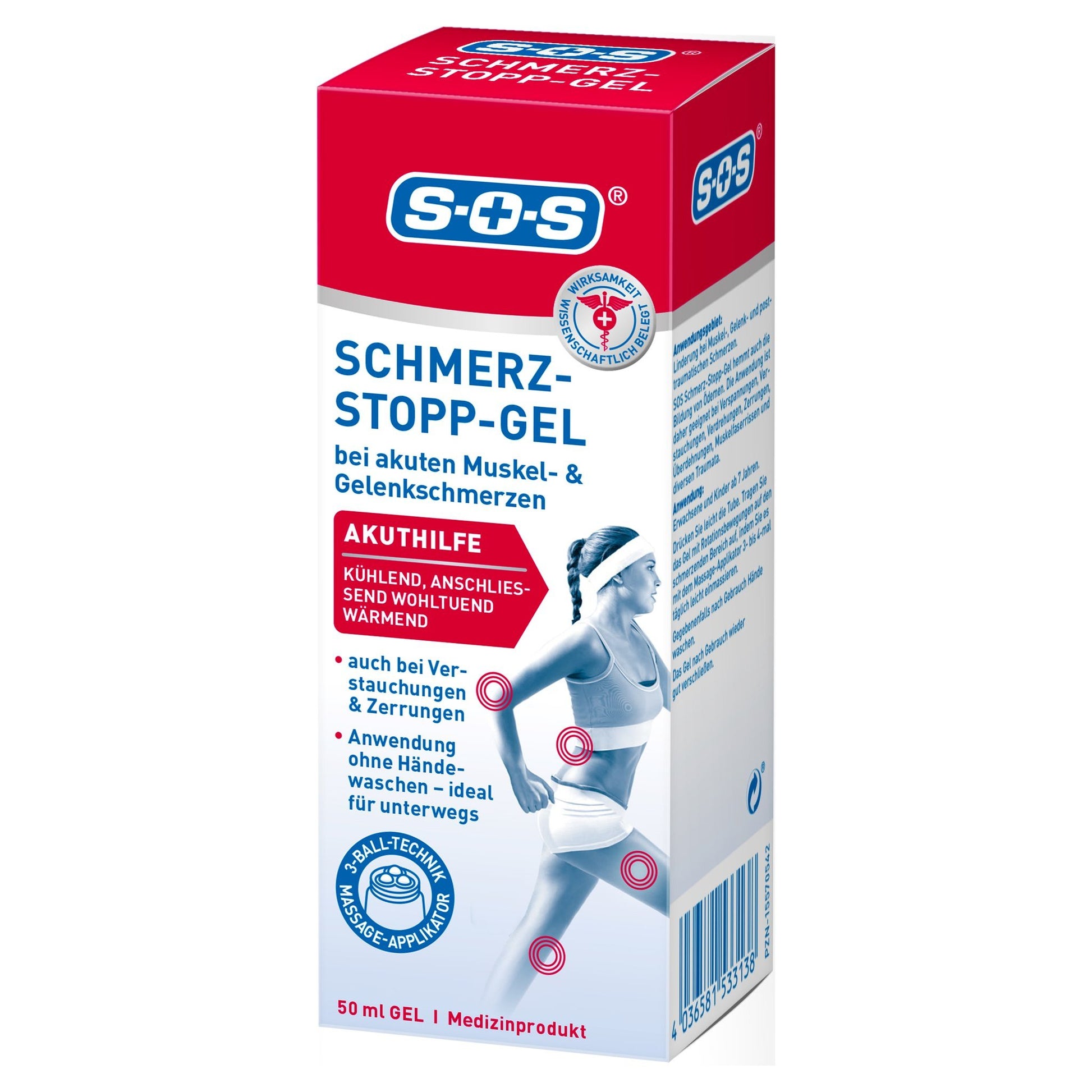 Schrägansicht der SOS Schmerz-Stopp-Gel Verpackung mit Vorderseite, Anwendungsgebiet und Barcode.