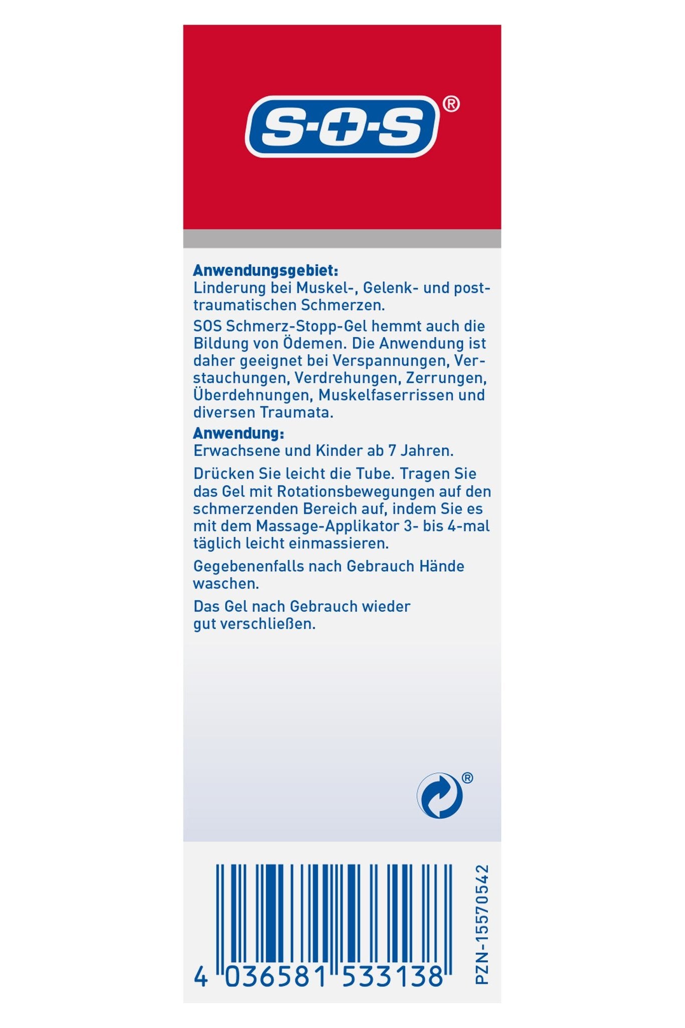 Seite der SOS Schmerz-Stopp-Gel Verpackung mit Anwendungsgebiet, Anwendungshinweisen und Barcode.