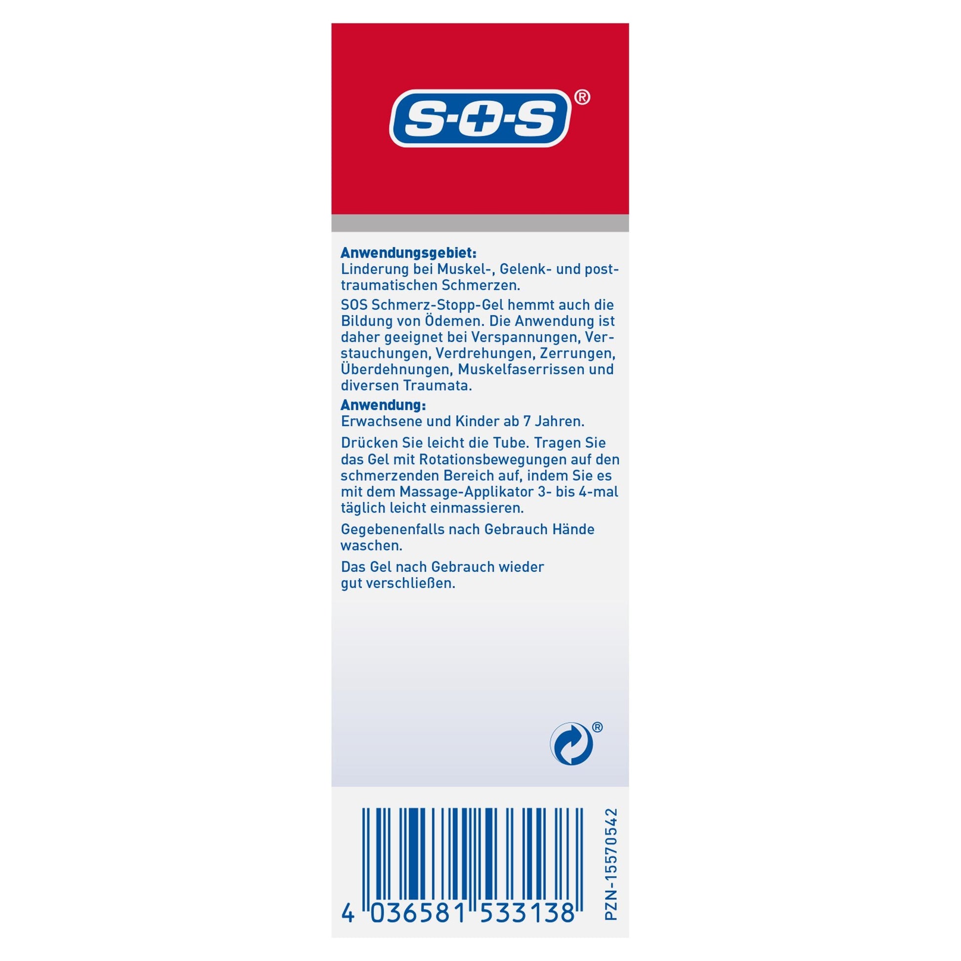Seite der SOS Schmerz-Stopp-Gel Verpackung mit Anwendungsgebiet, Anwendungshinweisen und Barcode.