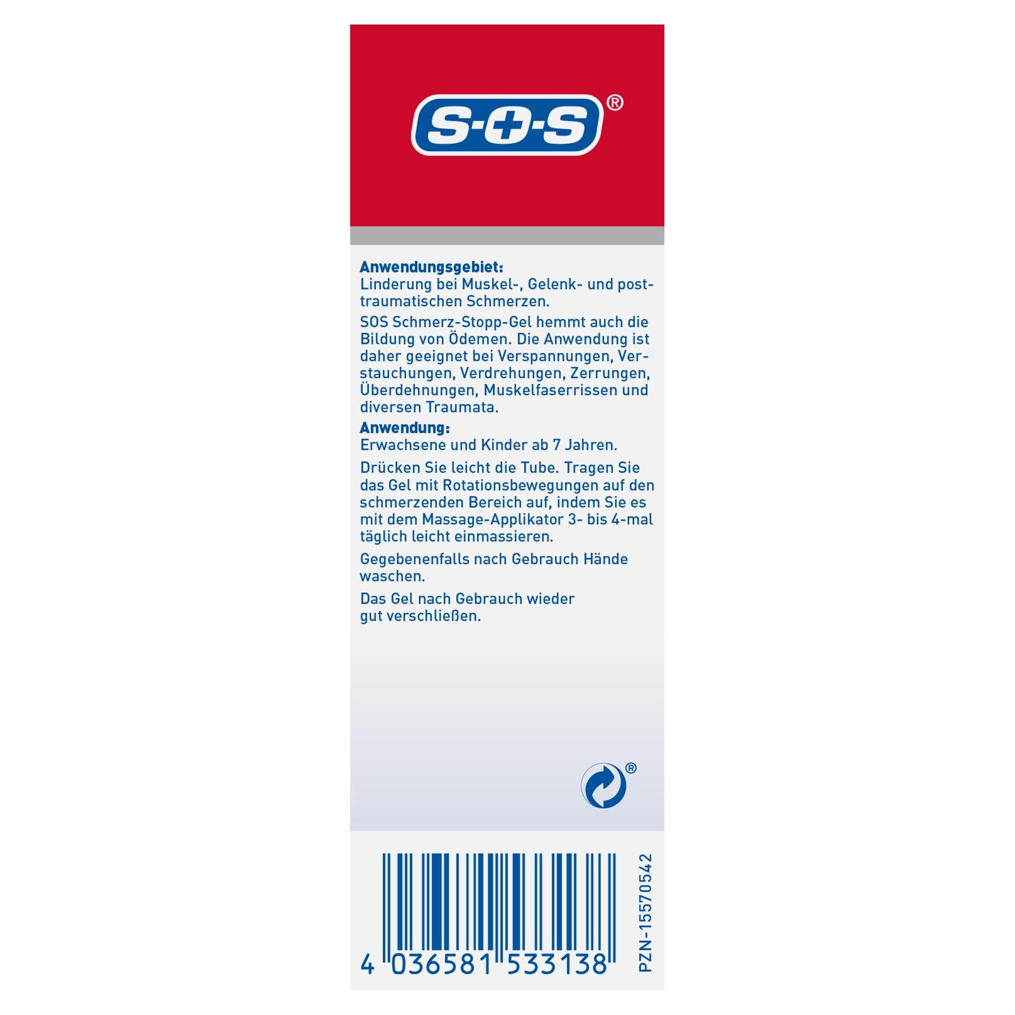 Seite der SOS Schmerz-Stopp-Gel Verpackung mit Anwendungsgebiet, Anwendungshinweisen und Barcode.