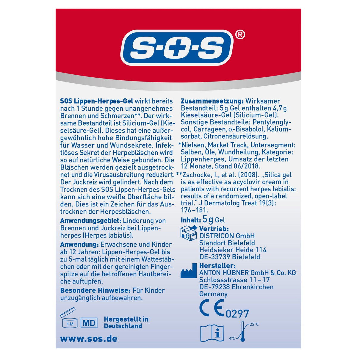 Rückseite der S+S Lippenherpes-Verpackung mit Inhalts- und Herstellerangaben
