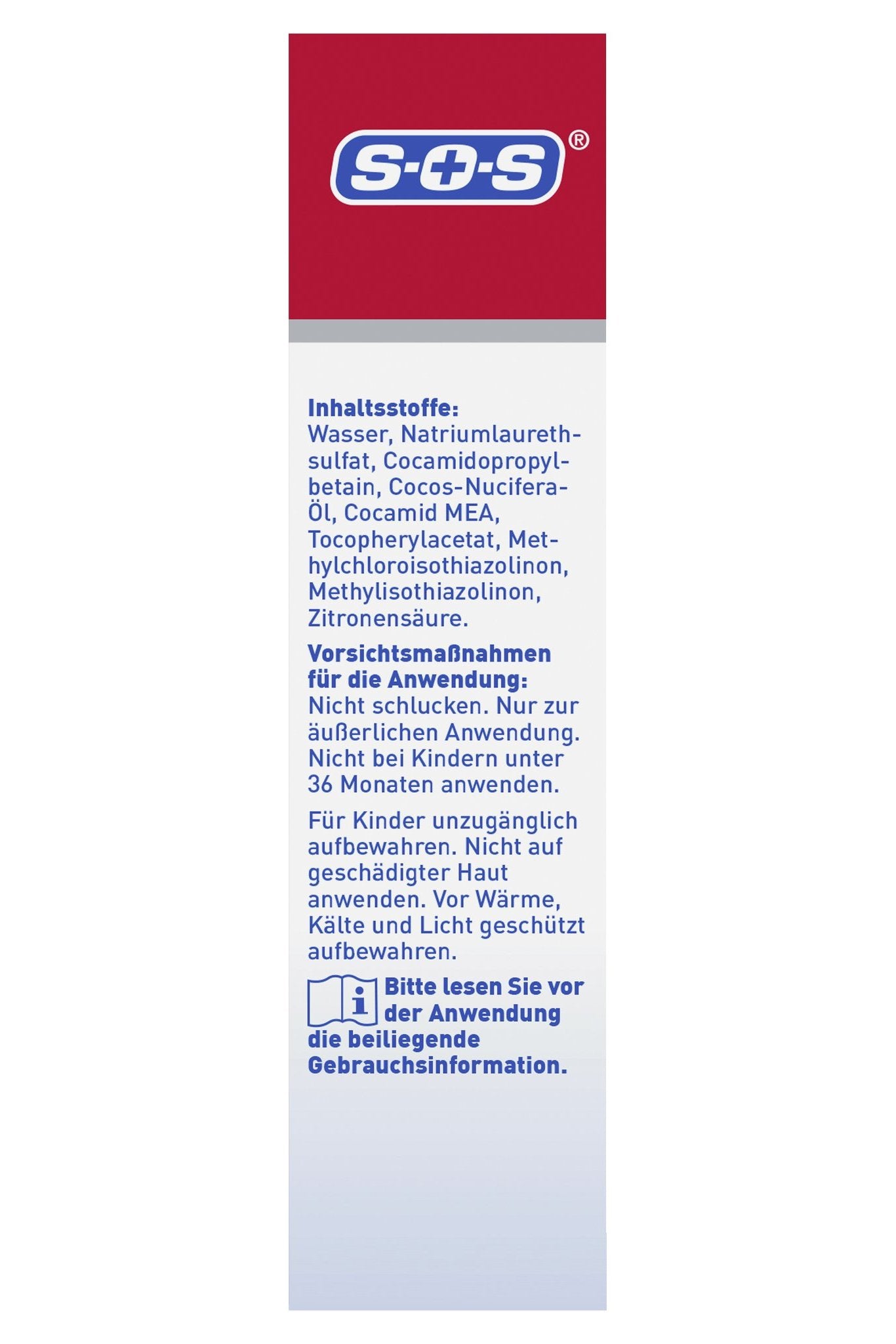 Seitenansicht der Produktverpackung mit Inhaltsstoffen, Vorsichtsmaßnahmen und Anwendungshinweisen.