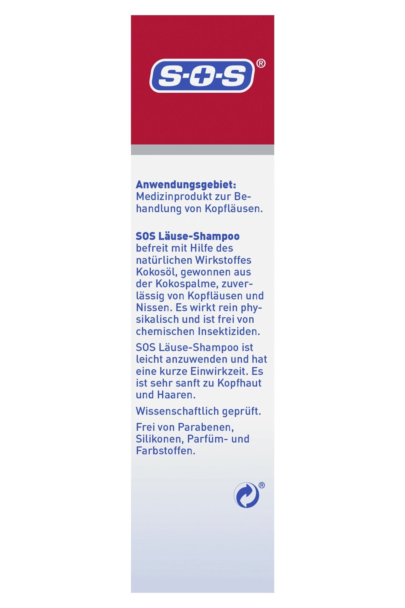 Seitenansicht der Produktverpackung mit Anwendungsgebiet und Beschreibung des Läuse-Shampoos.