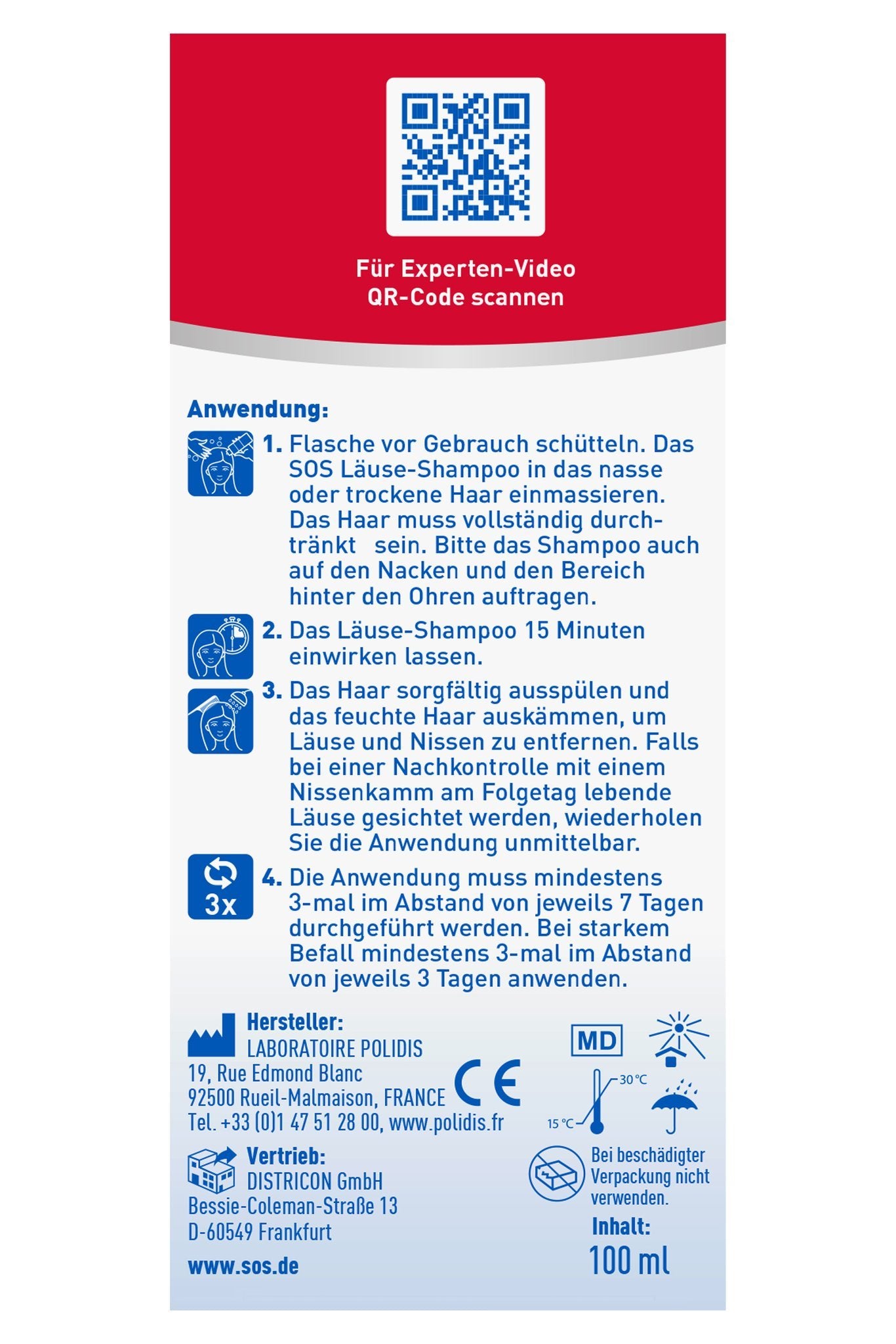 Rückseite der Produktverpackung mit QR-Code, detaillierter Anwendung, Hersteller und Inhalt.