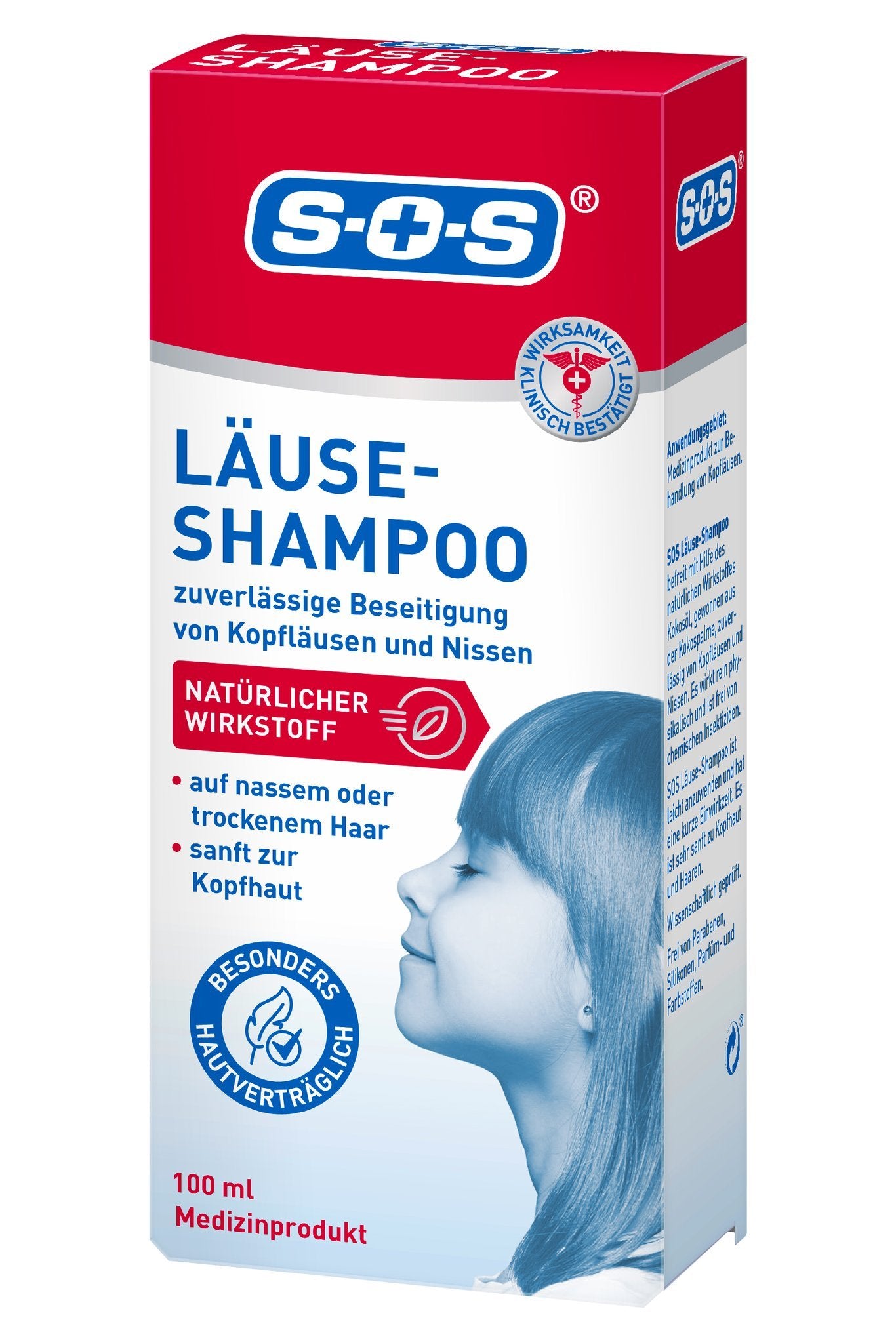 Vorderseite und Seitenansicht der roten Produktverpackung von S-O-S Läuse-Shampoo mit Kind.