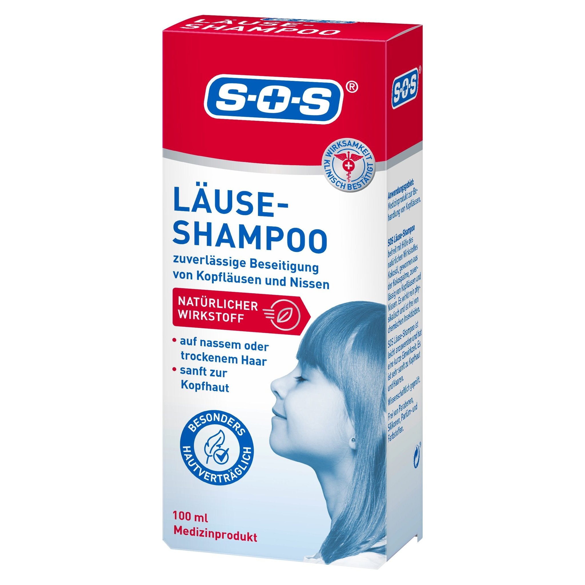Vorderseite und Seitenansicht der roten Produktverpackung von S-O-S Läuse-Shampoo mit Kind.
