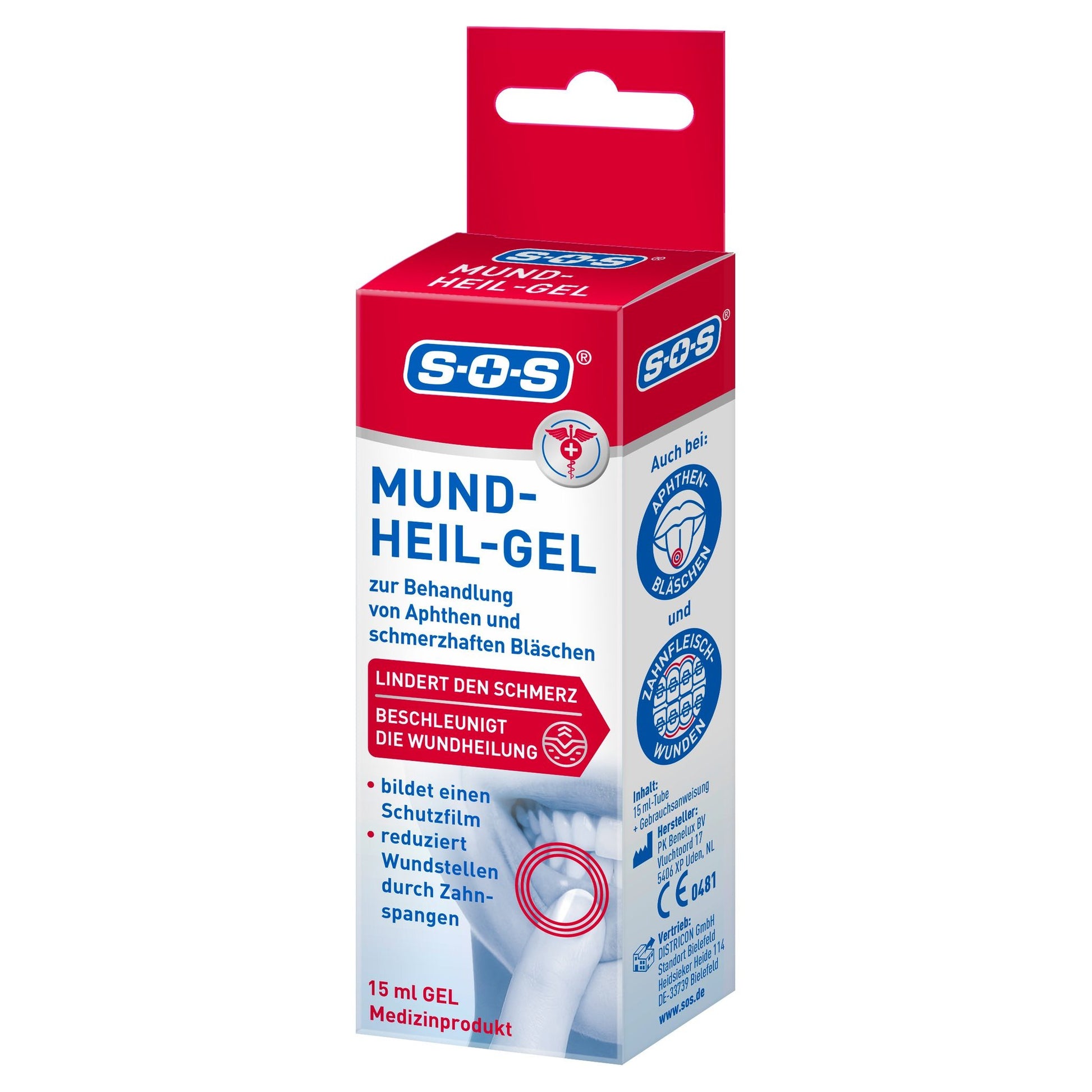 Schräge Ansicht der Produktverpackung "SOS Mund-Heil-Gel" mit Vorder- und Seitenansicht.