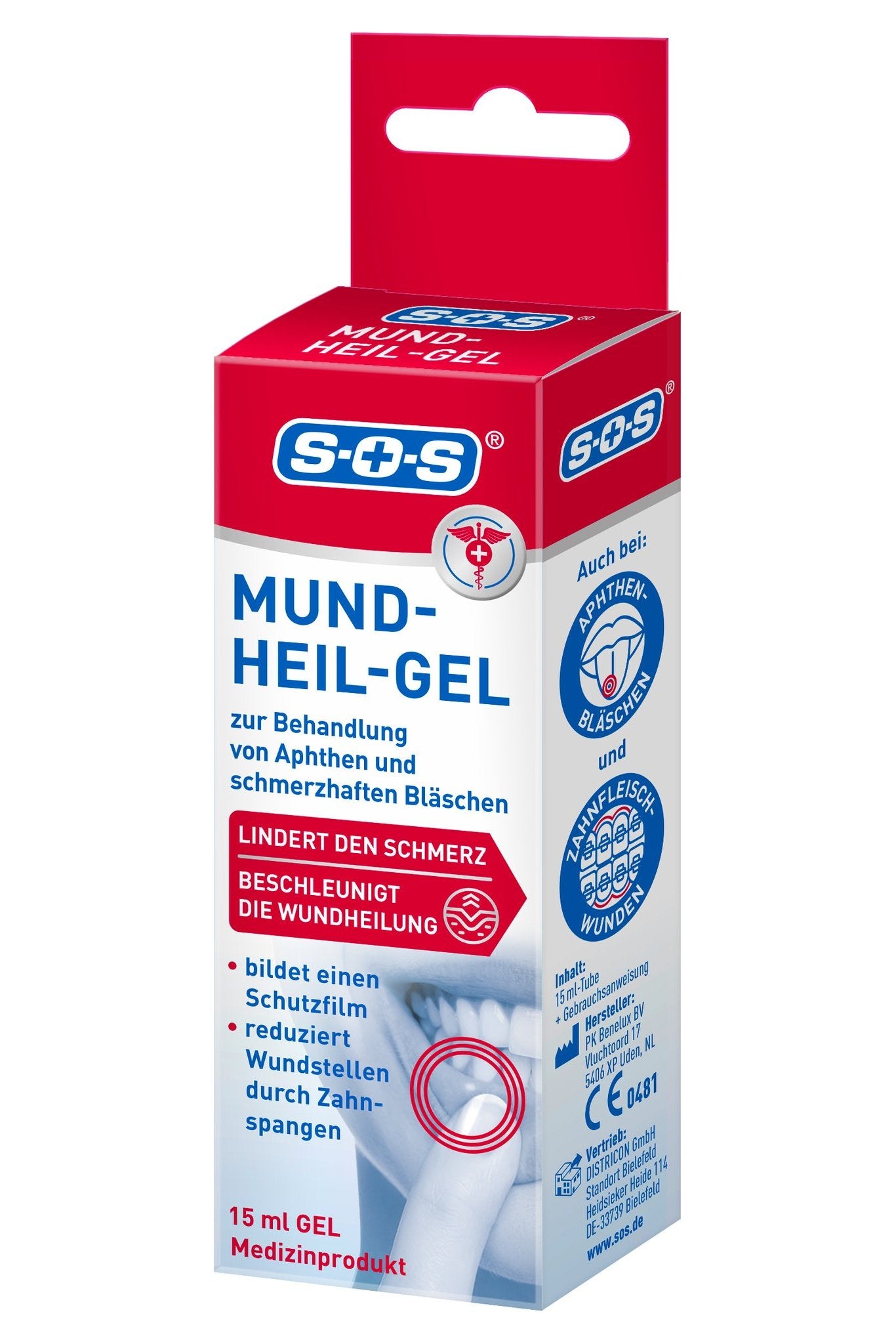 Schräge Ansicht der Produktverpackung "SOS Mund-Heil-Gel" mit Vorder- und Seitenansicht.