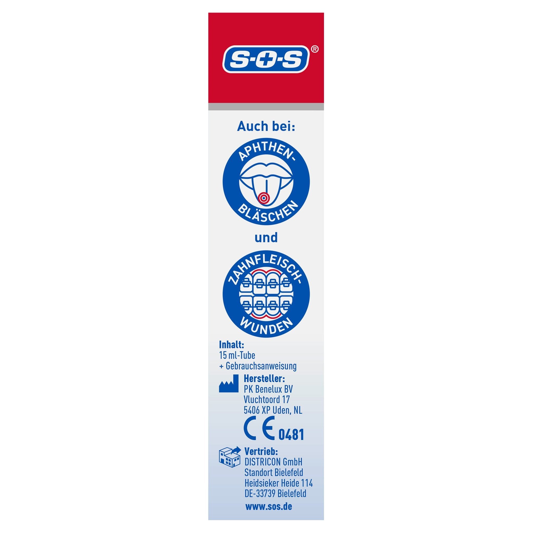 Seitenansicht der Produktverpackung mit Anwendungs-Icons, Hersteller- und Vertriebsinformationen.