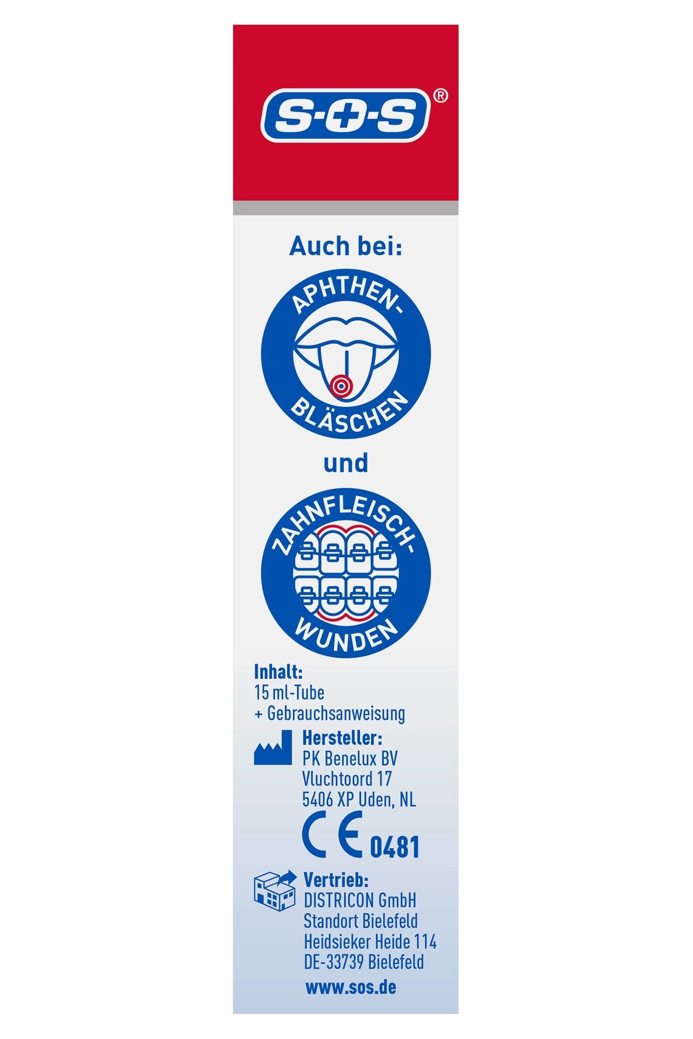 Seitenansicht der Produktverpackung mit Anwendungs-Icons, Hersteller- und Vertriebsinformationen.