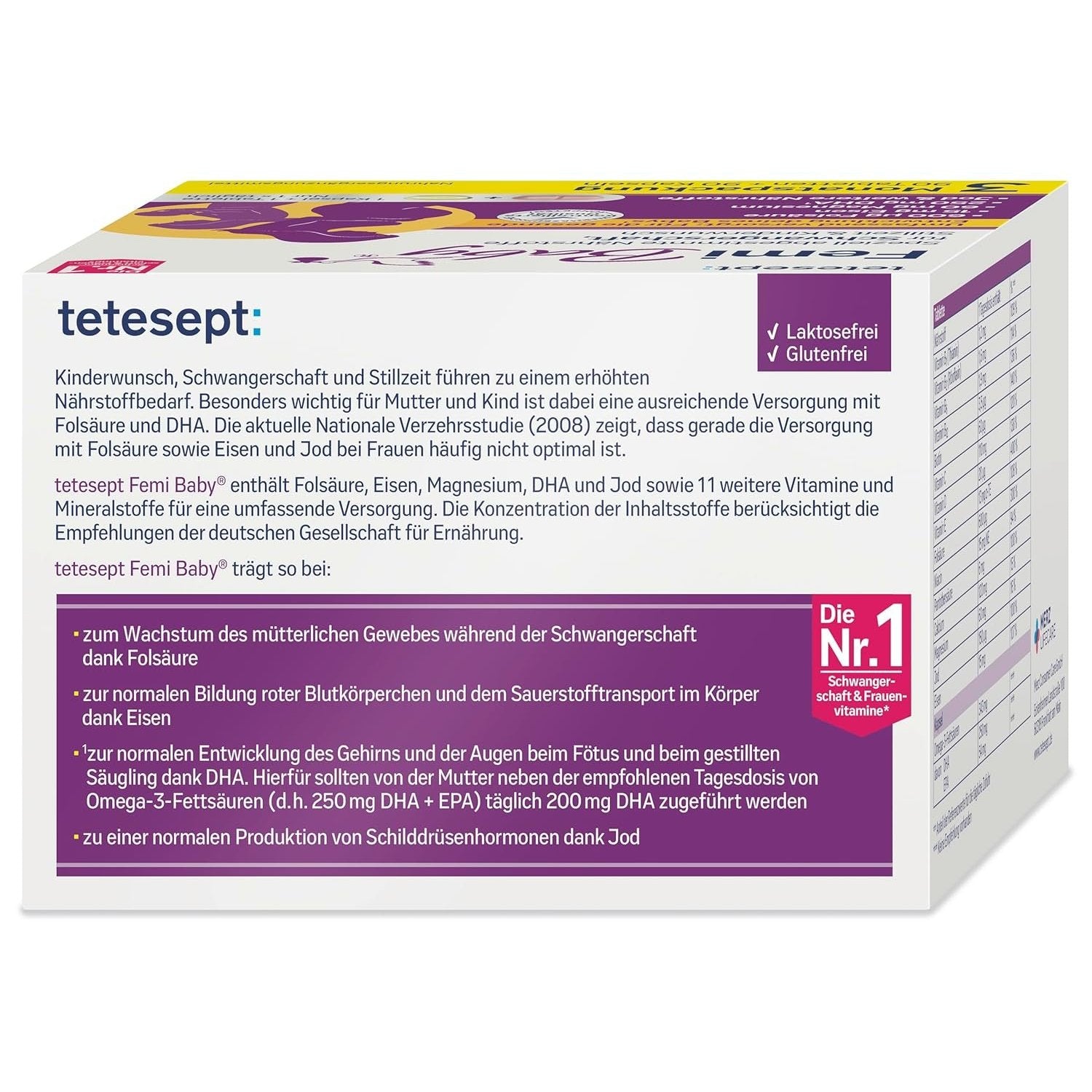 Rückseite der tetesept Femi Baby Verpackung mit detaillierten Produktinformationen und Vorteilen der Inhaltsstoffe.