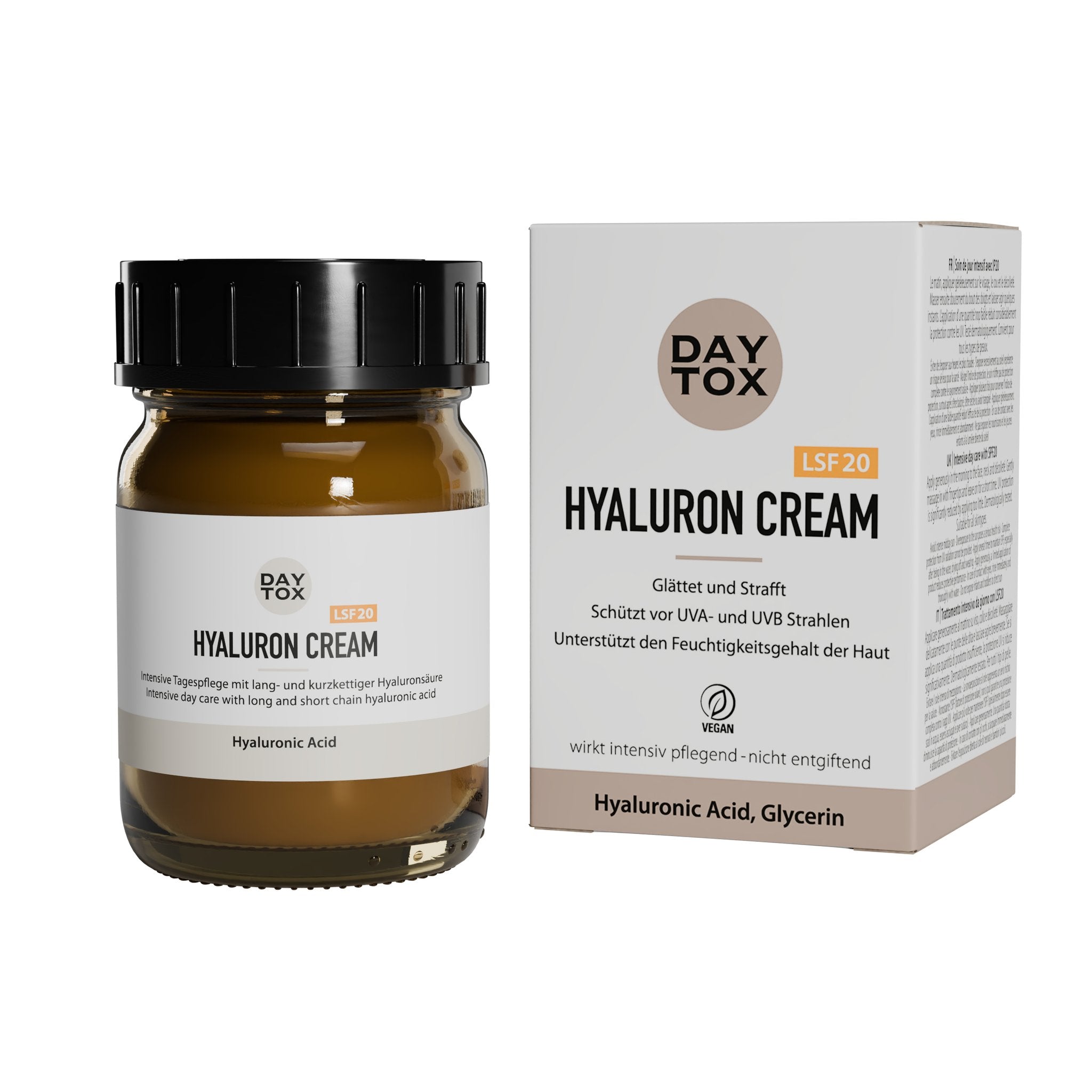 Braunes Glastiegel Daytox Hyaluron Cream LSF20 und beige Produktverpackung nebeneinander.