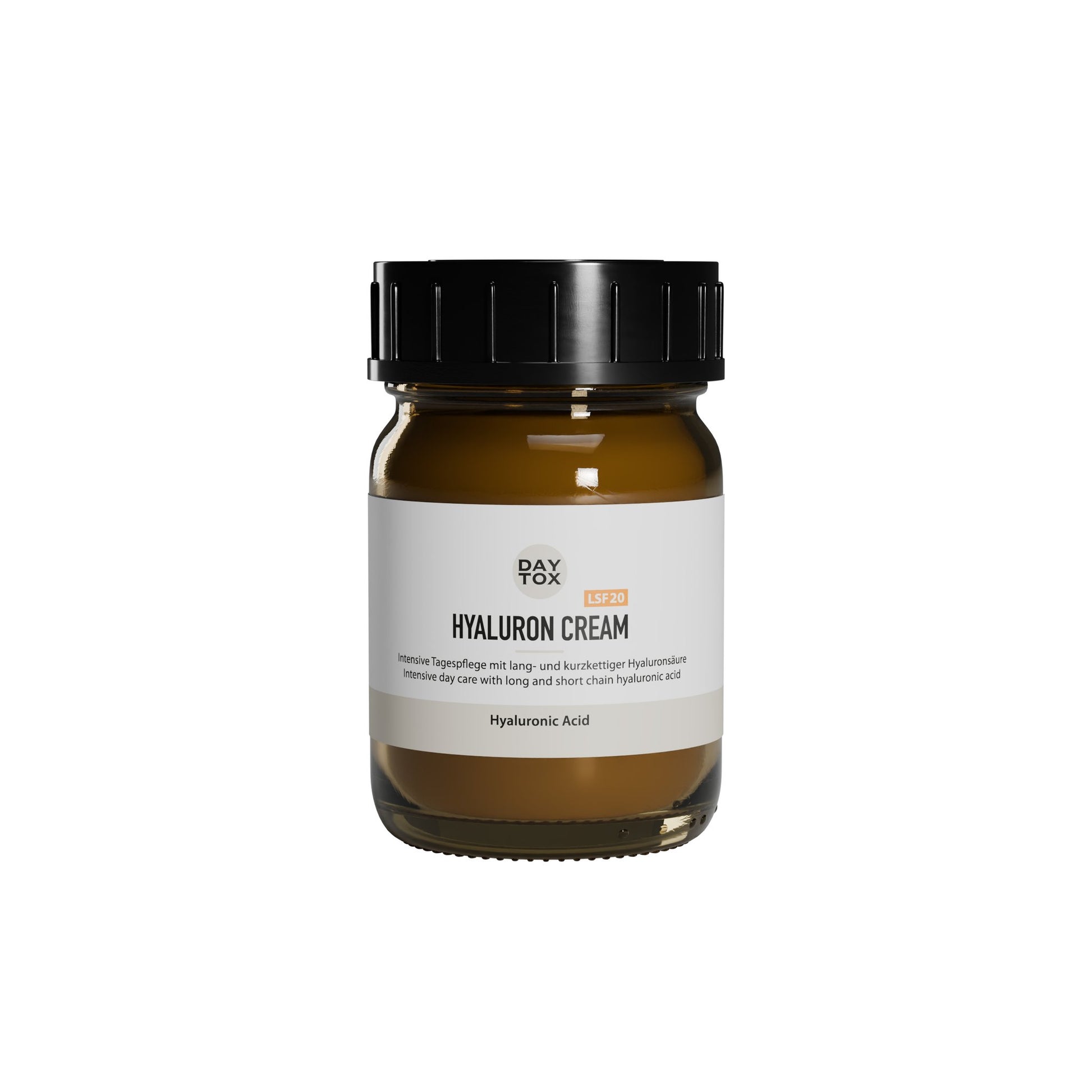 Braunes Glastiegel Daytox Hyaluron Cream LSF20 mit schwarzem Deckel und weißem Etikett.