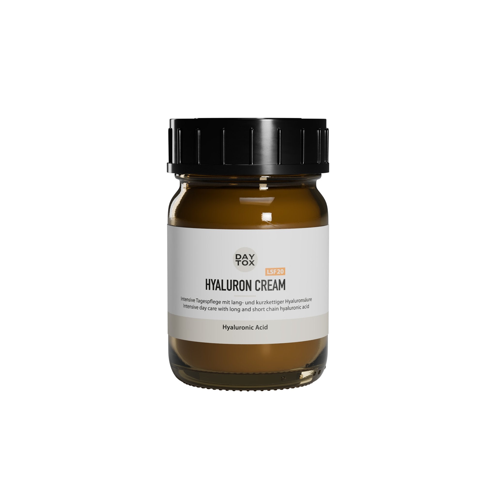 Braunes Glastiegel Daytox Hyaluron Cream LSF20 mit schwarzem Deckel und weißem Etikett.