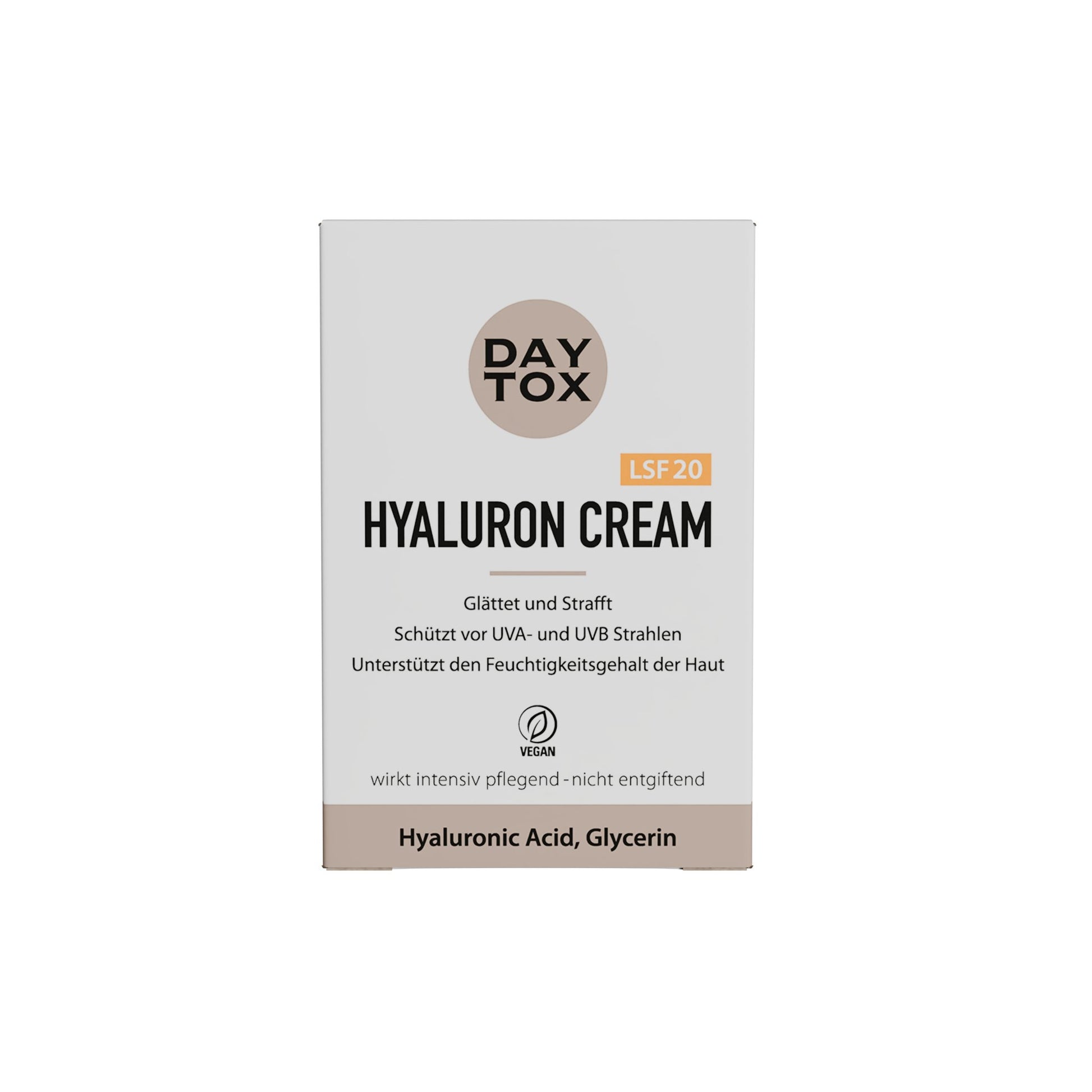 Vorderseite der beigen Produktverpackung Daytox Hyaluron Cream LSF20 mit Produktnamen und Details.