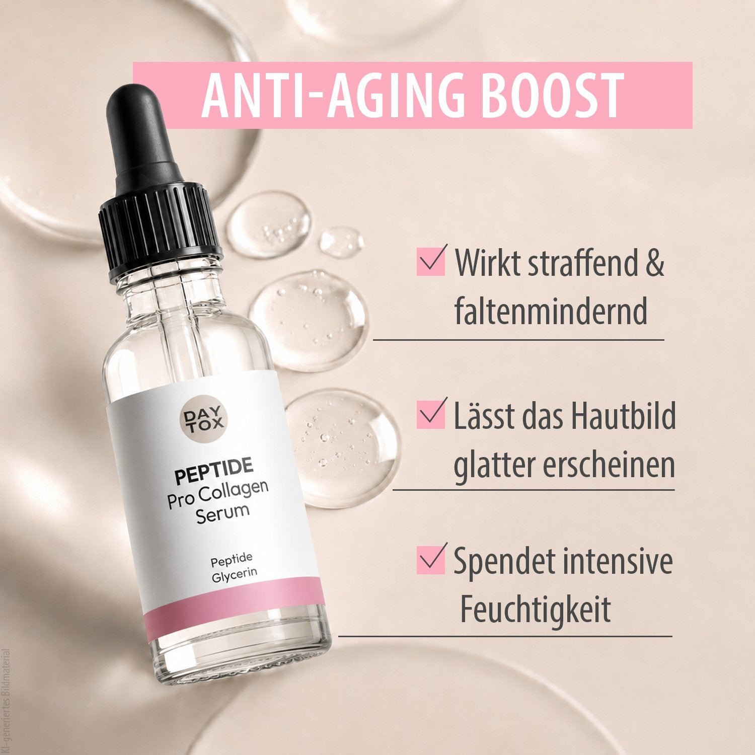 Flasche der DAYTOX Peptide ProCollagen Serum umgeben von Tropfen, mit Checkliste der Vorteile unter der Überschrift "Anti-Aging Boost"