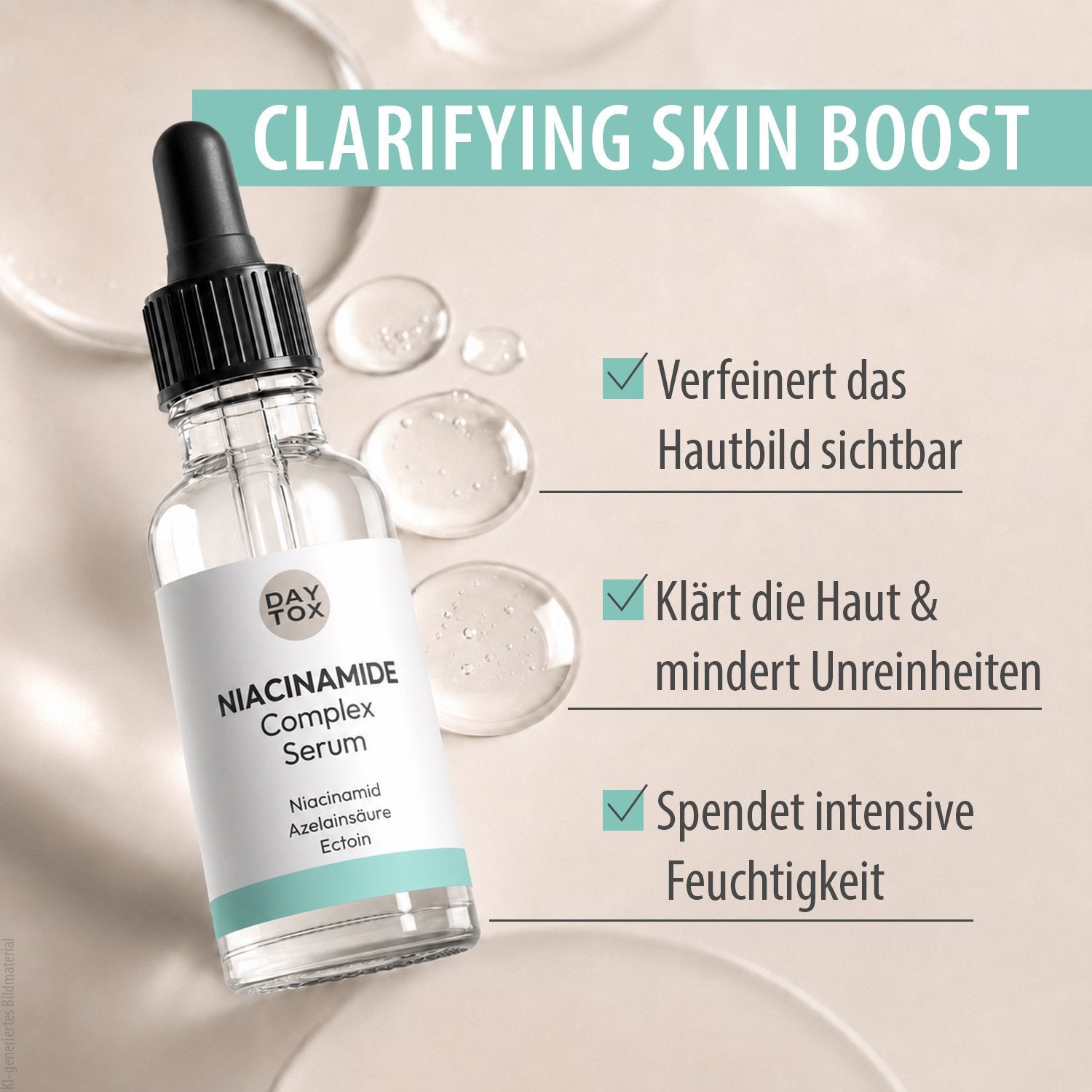 Flasche der DAYTOX Niacinamide Complex Serum umgeben von Tropfen, mit Checkliste der Vorteile unter der Überschrift "Clarifying Skin Boost"