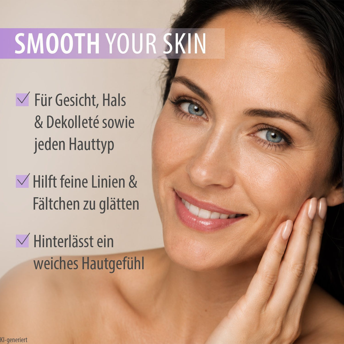 Gesicht einer Frau mit sichtbaren Serumspuren und Hand an der Wange