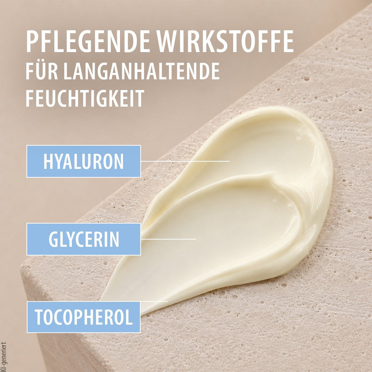 Cremeprodukt: hellgelber Klecks der Hyaluron-Intensivcreme LSF30 auf Schwämmchen