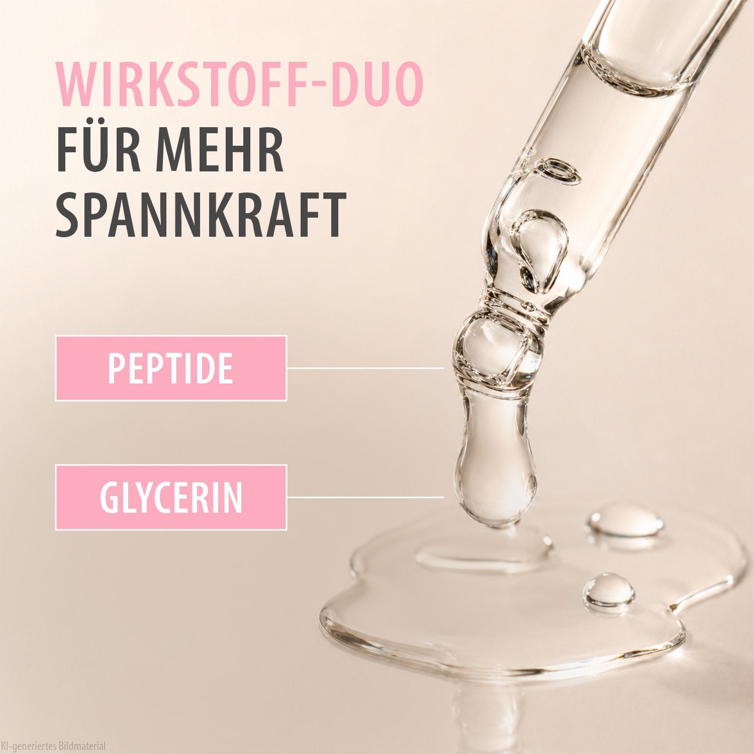 Pipette mit Serumtropfen über Flüssigkeitspfütze mit Hinweis auf das Wirkstoff-Duo Peptide und Glycerin für mehr Spannkraft