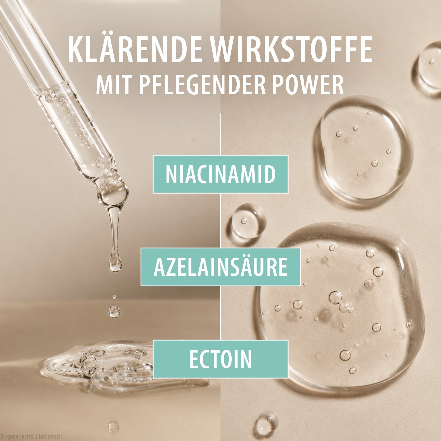 Pipette mit Serumtropfen und Wassertropfen mit Hinweis auf die klärenden Wirkstoffe Niacinamid, Azelainsäure und Ectoin