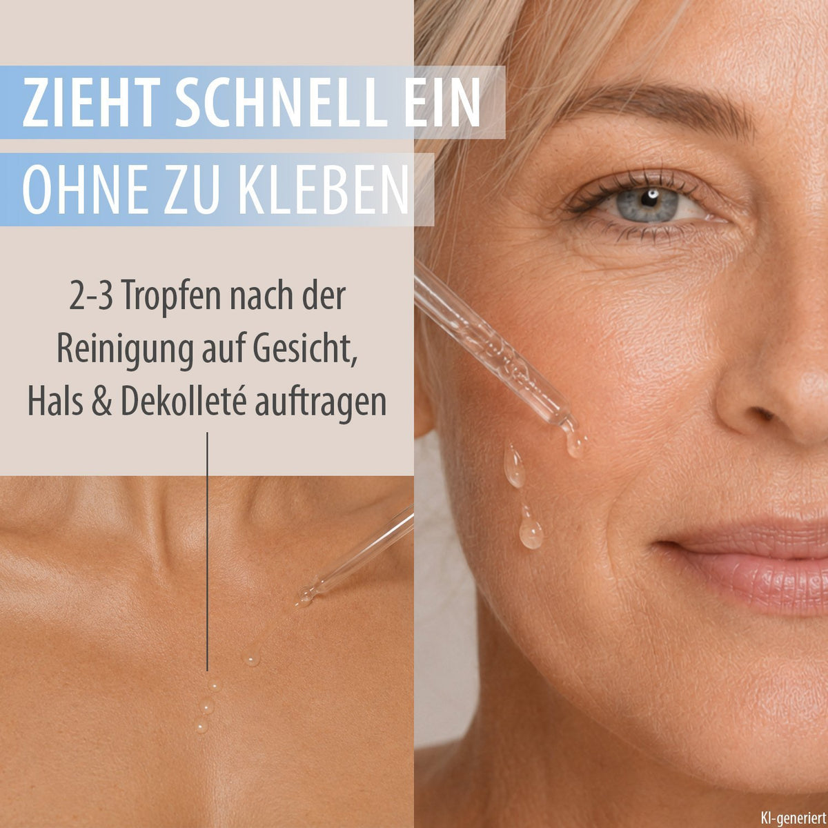 Serum wird auf Gesicht aufgetragen, Tropfspuren an Wange und Hals