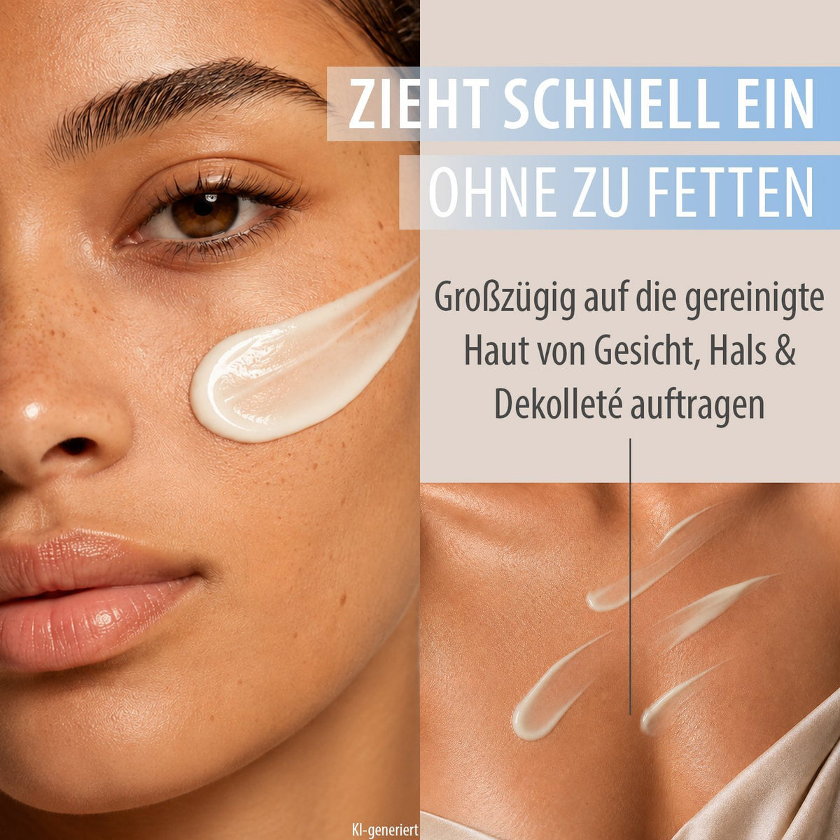 Creme auf der Haut: hellweißer Auftrag der Hyaluron-Intensivcreme LSF30 an der Wange