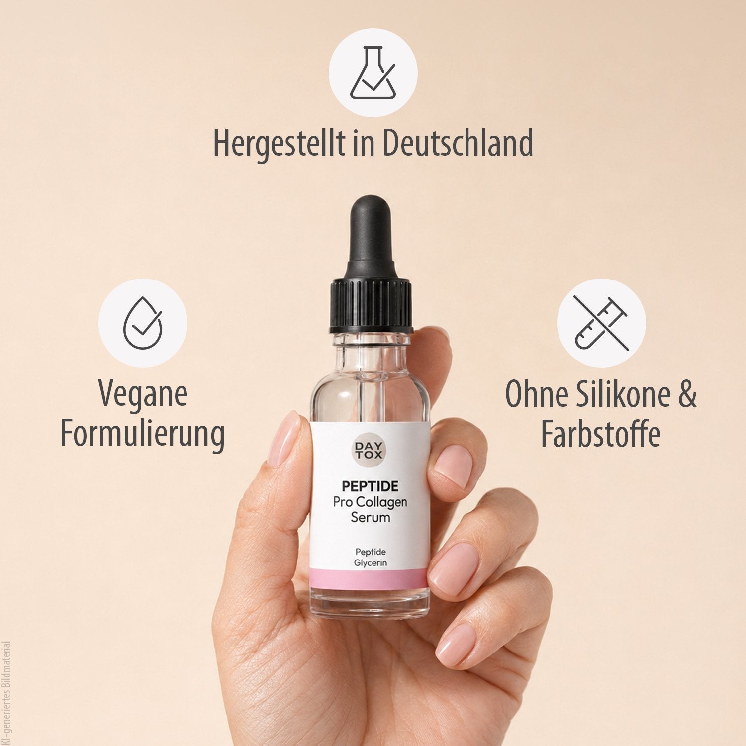 Hand hält die Flasche der DAYTOX Peptide ProCollagen Serum, umgeben von Icons zu "Hergestellt in Deutschland", veganer Formel sowie ohne Silikone und Farbstoffe