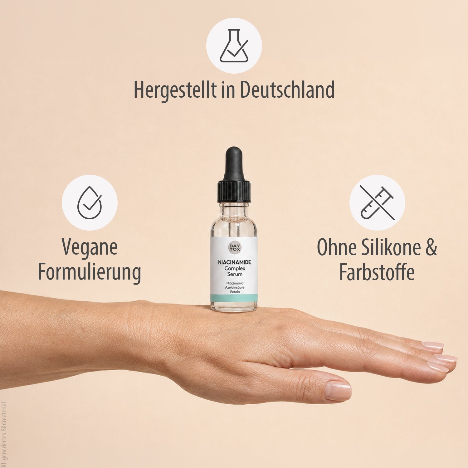 Pipettenflasche der DAYTOX Niacinamide Complex Serum steht auf geöffneter Handfläche, umgeben von Icons zu "Hergestellt in Deutschland", veganer Formulierung sowie ohne Silikone und Farbstoffe