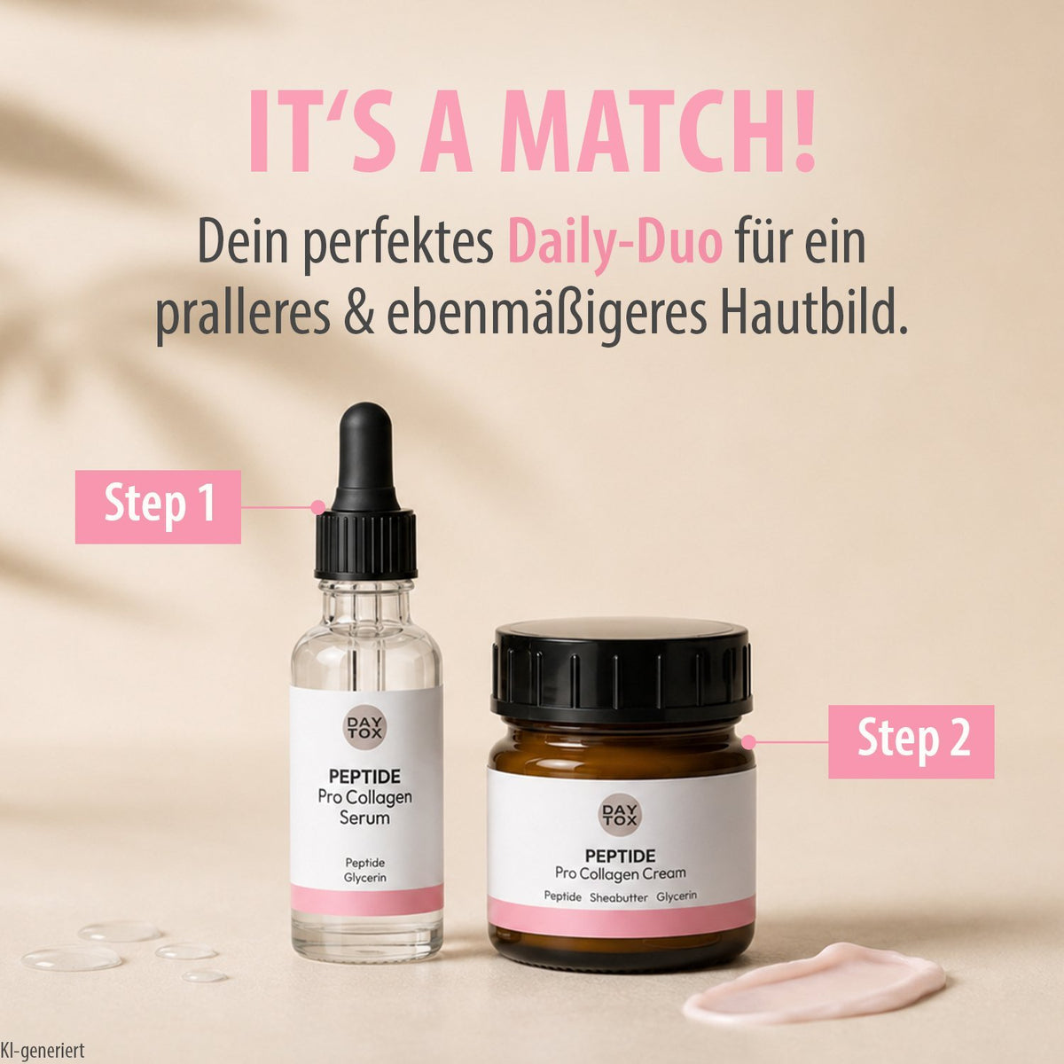 Peptide-Pro-Collagen-Creme im Tiegel, daneben Tropfflasche mit Serum