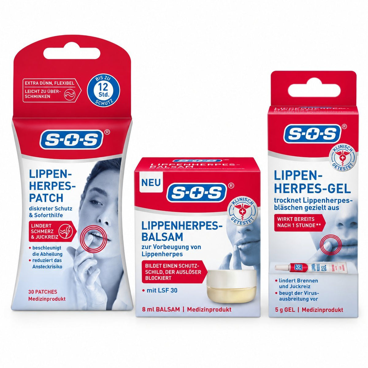 S+S Lippenherpes-Set mit Patch, Balsam und Gel in roten und weißen Verpackungen