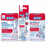 Warzen-Set mit Pflaster- und Stift-Produkten in roten und blauen Kartonpackungen