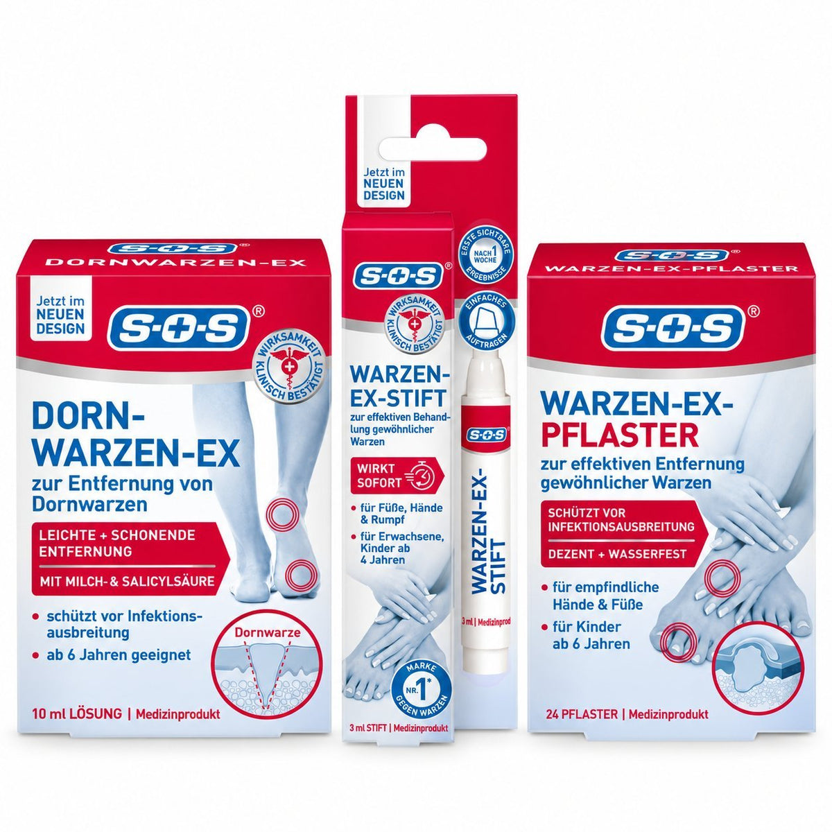 Warzen-Set mit Pflaster- und Stift-Produkten in roten und blauen Kartonpackungen